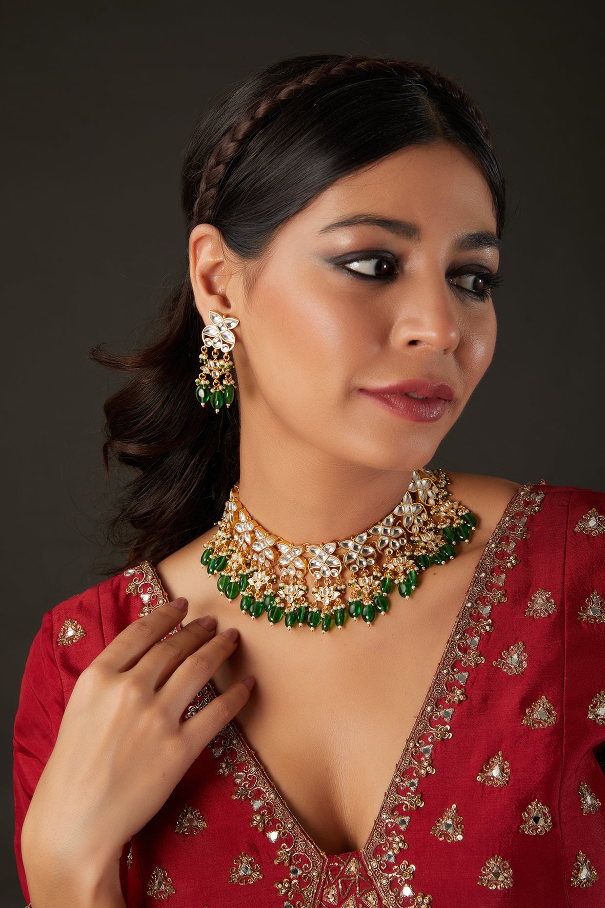 Gold plated Kundan Choker Set in Green Beads