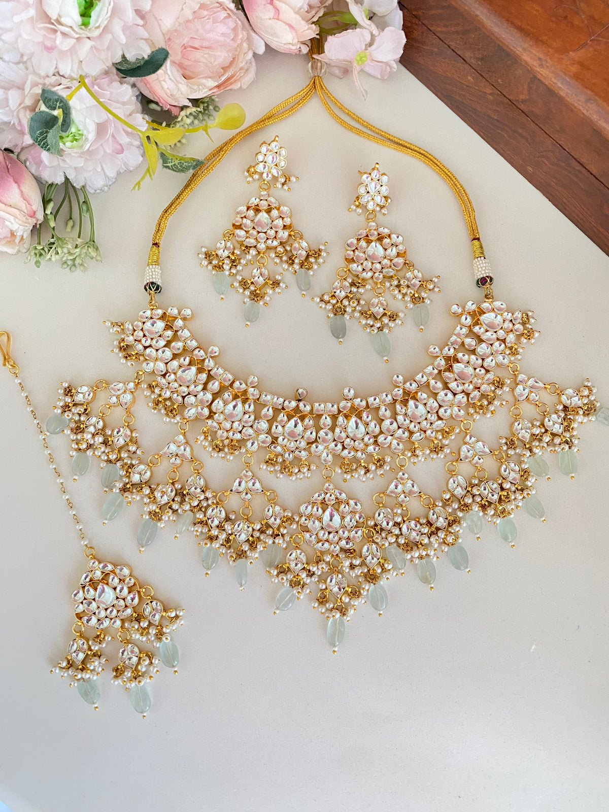 Kundan Bridal Necklace Set in Pink Drops