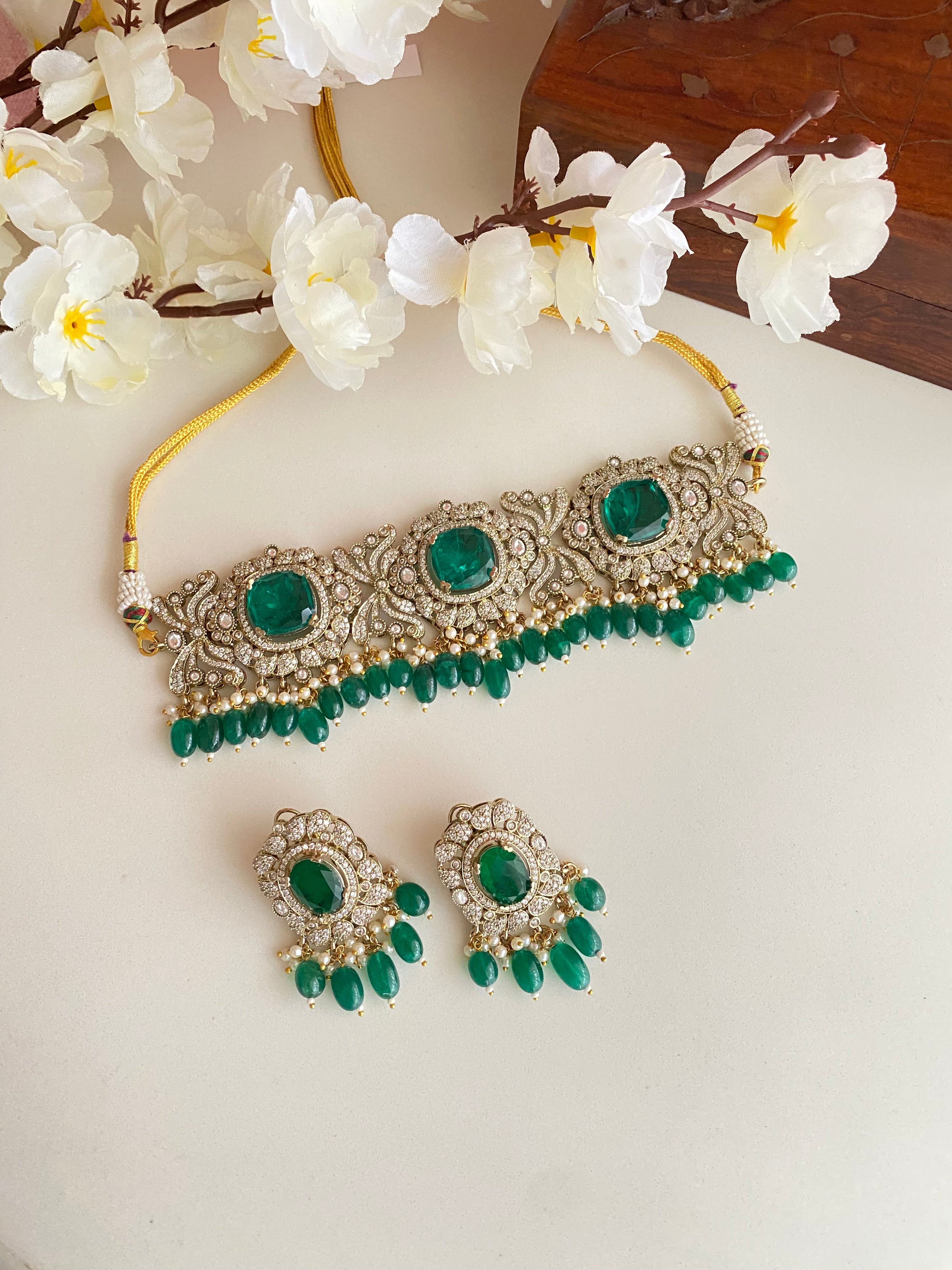 silver plated Mossanite Green stone choker set