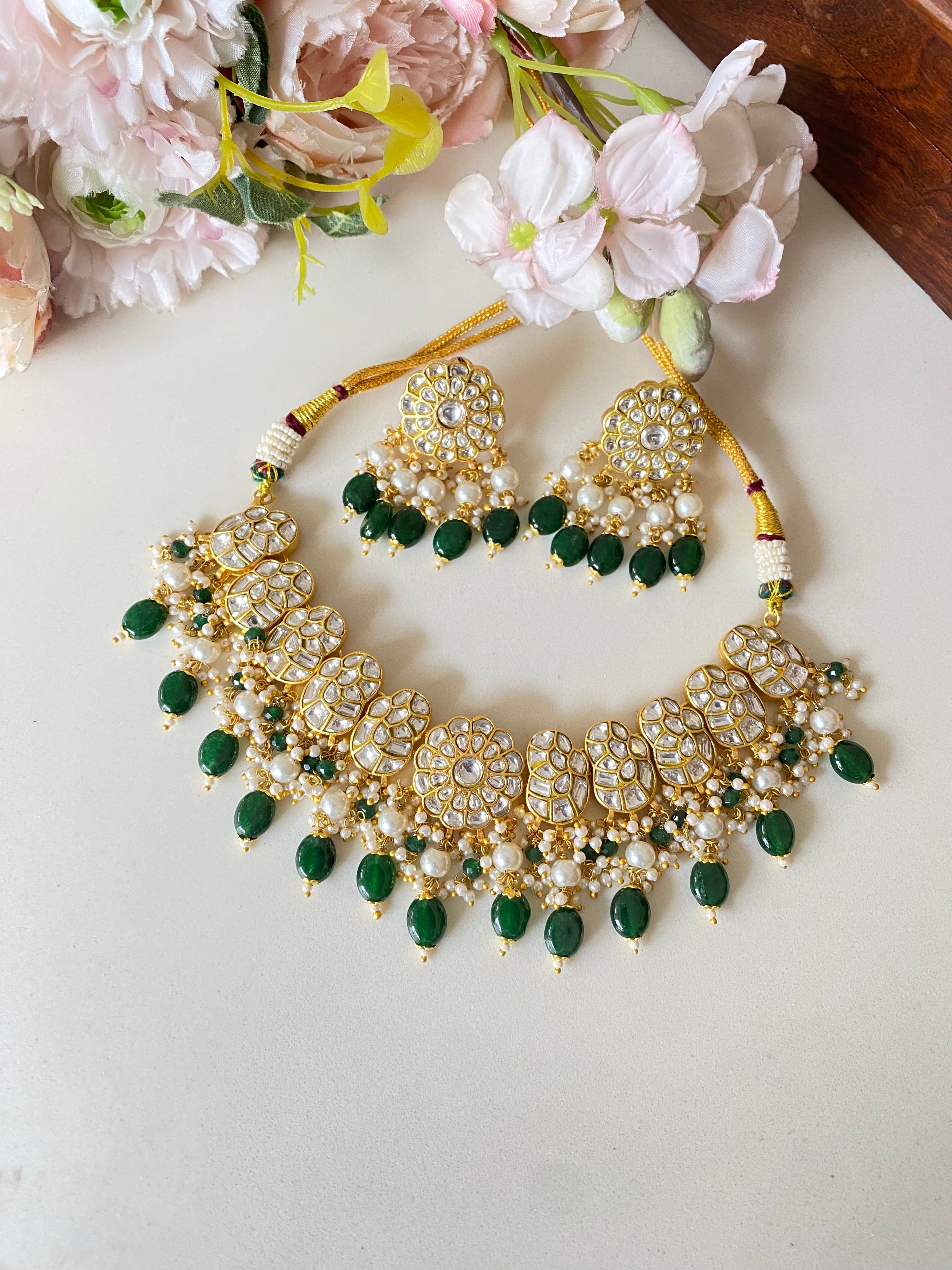 Gold plated Kundan Necklace Set in green drops