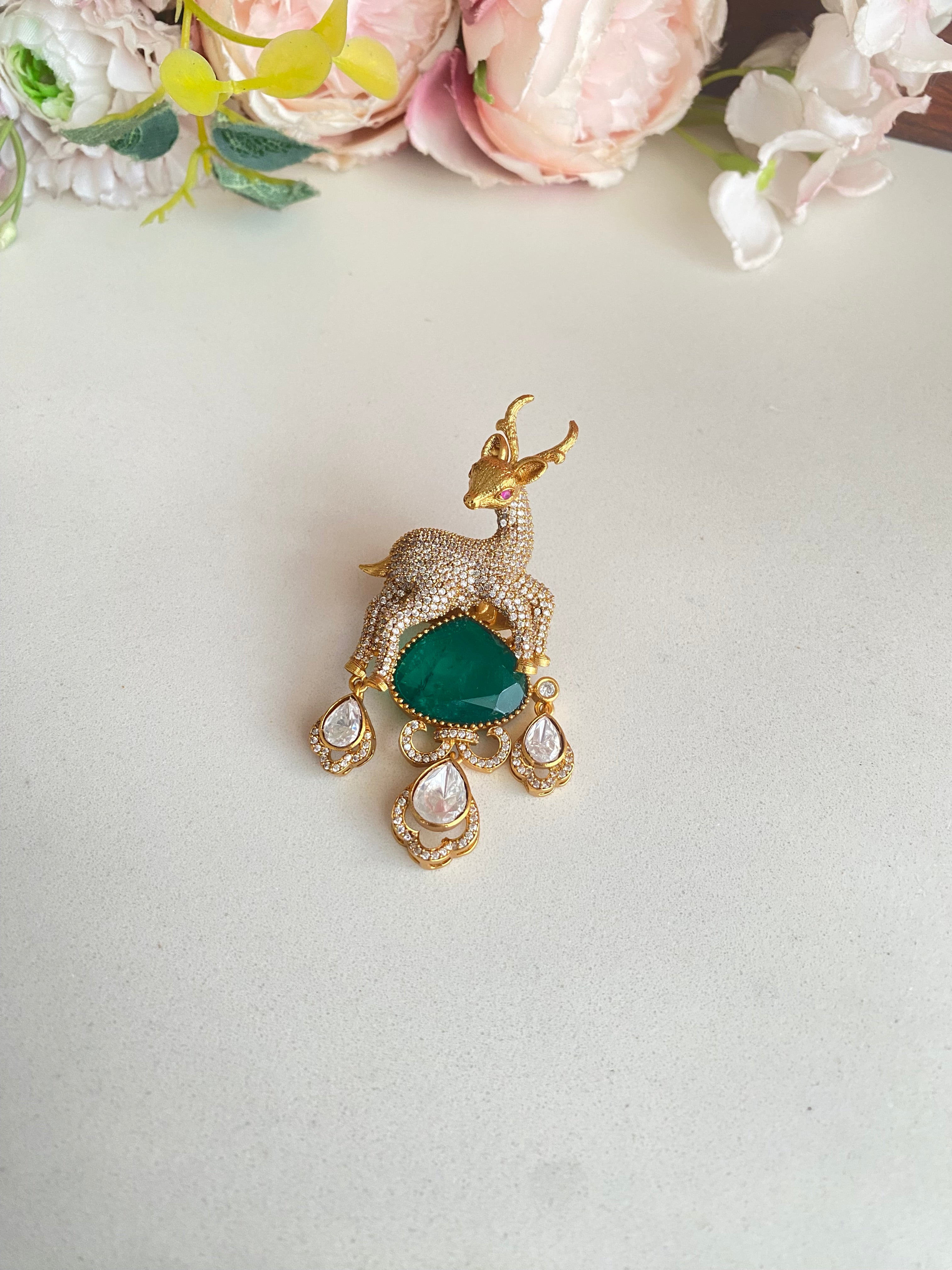 Gold plated green stone Moissanite Brooch