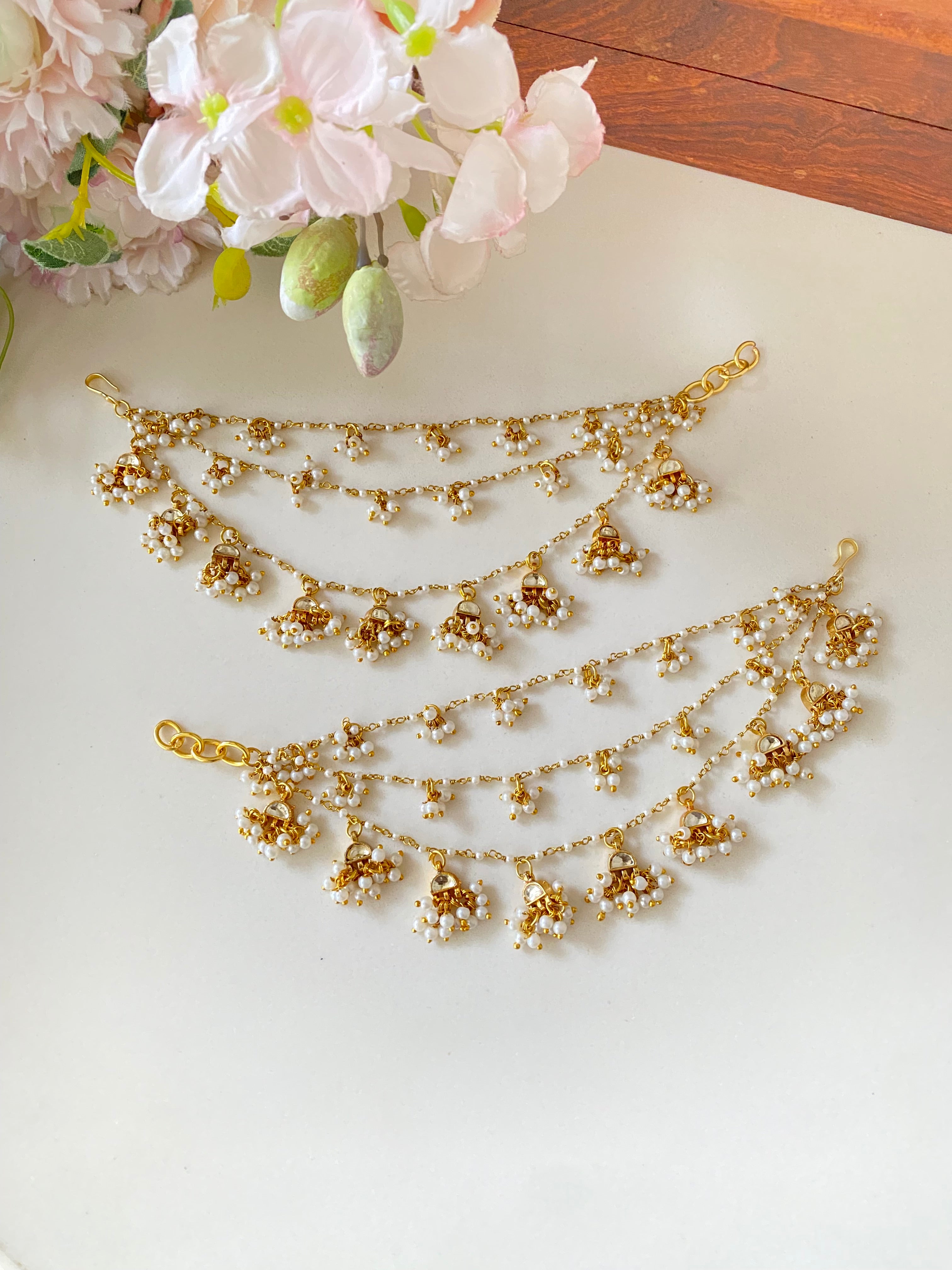 Gold plated White Kundan Ear Chain
