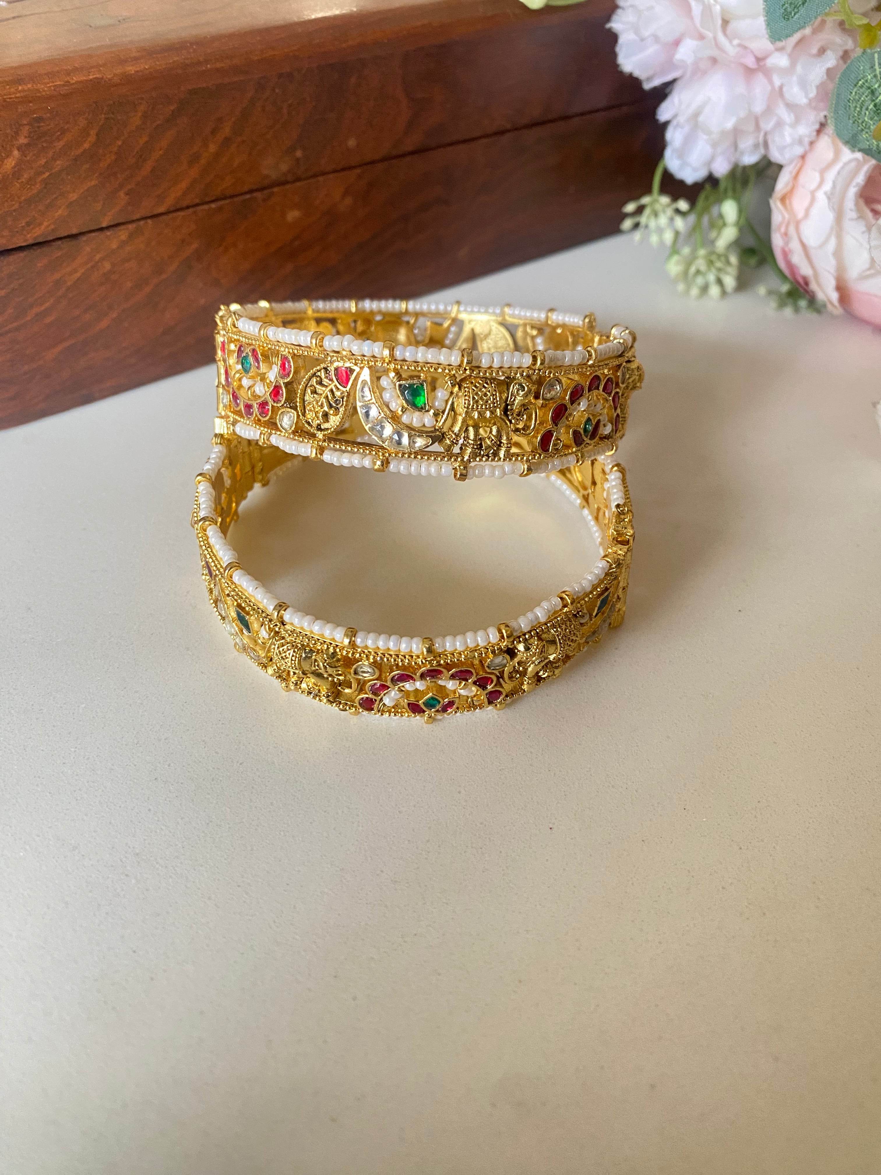 Gold Plated Pink and Green kundan bangles