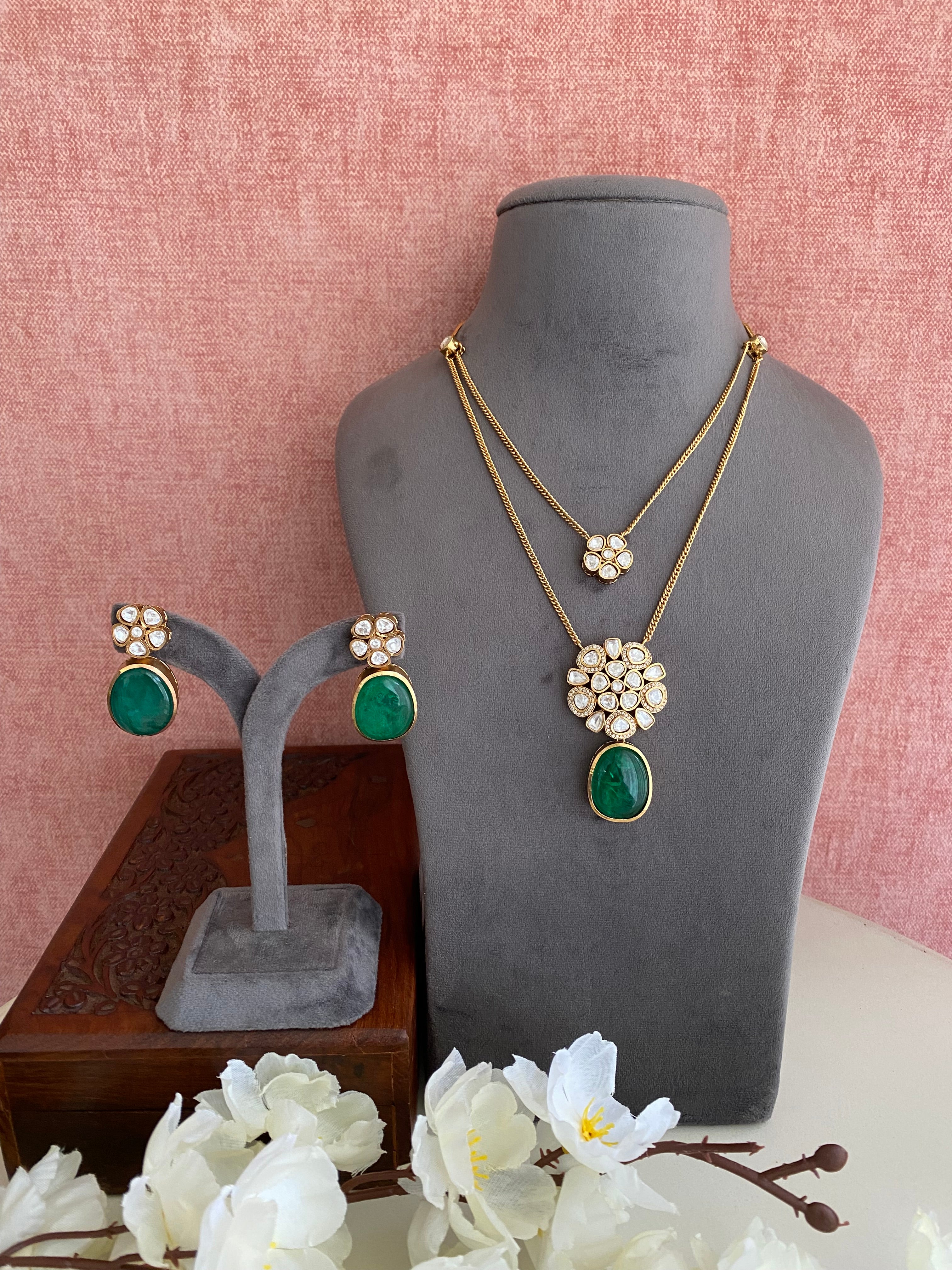 Gold plated Moissanite Green Pendant Set
