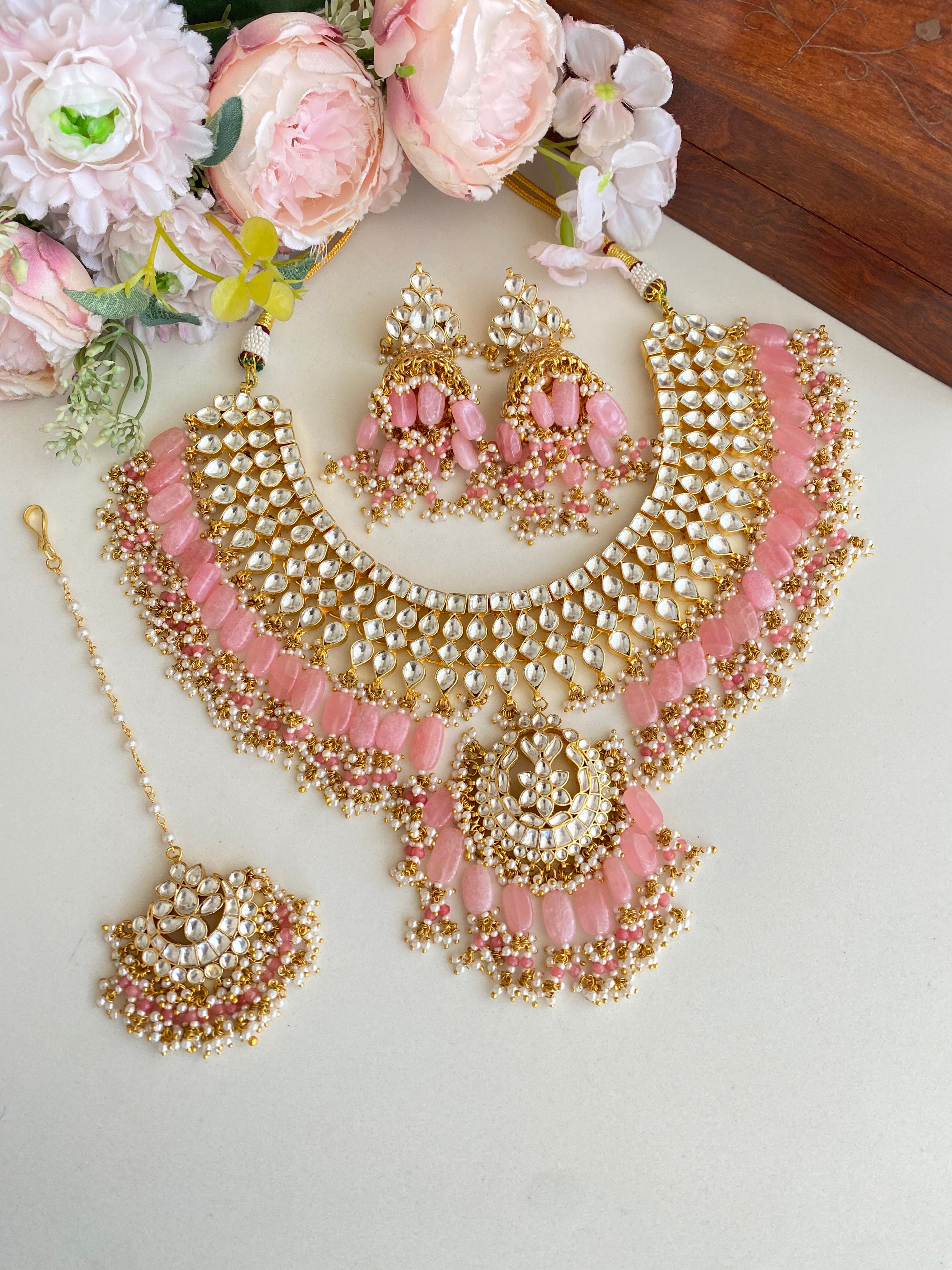 Kundan Bridal Necklace Set in pink drops