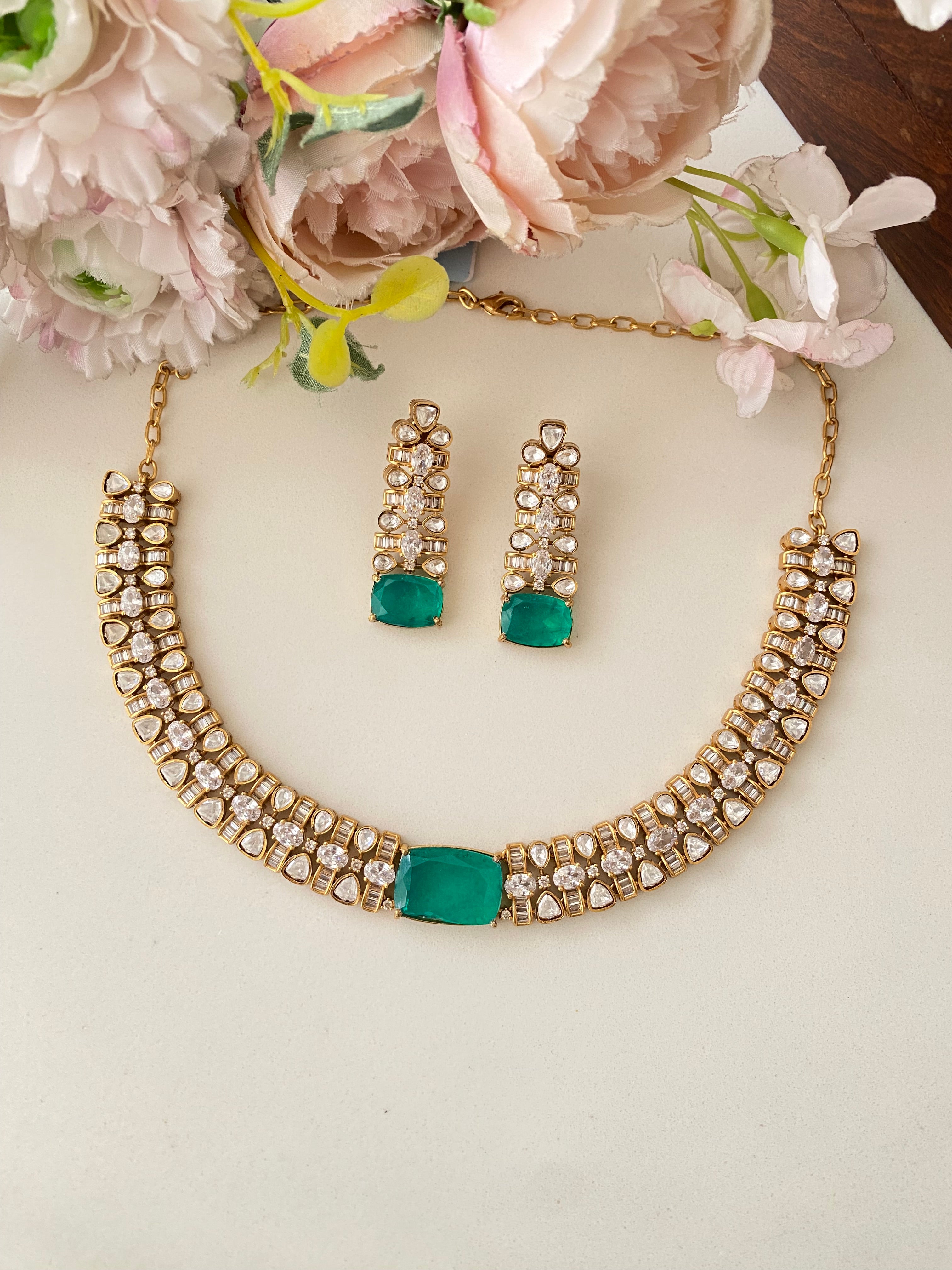 Moissanite Polki Green Stone Necklace Set