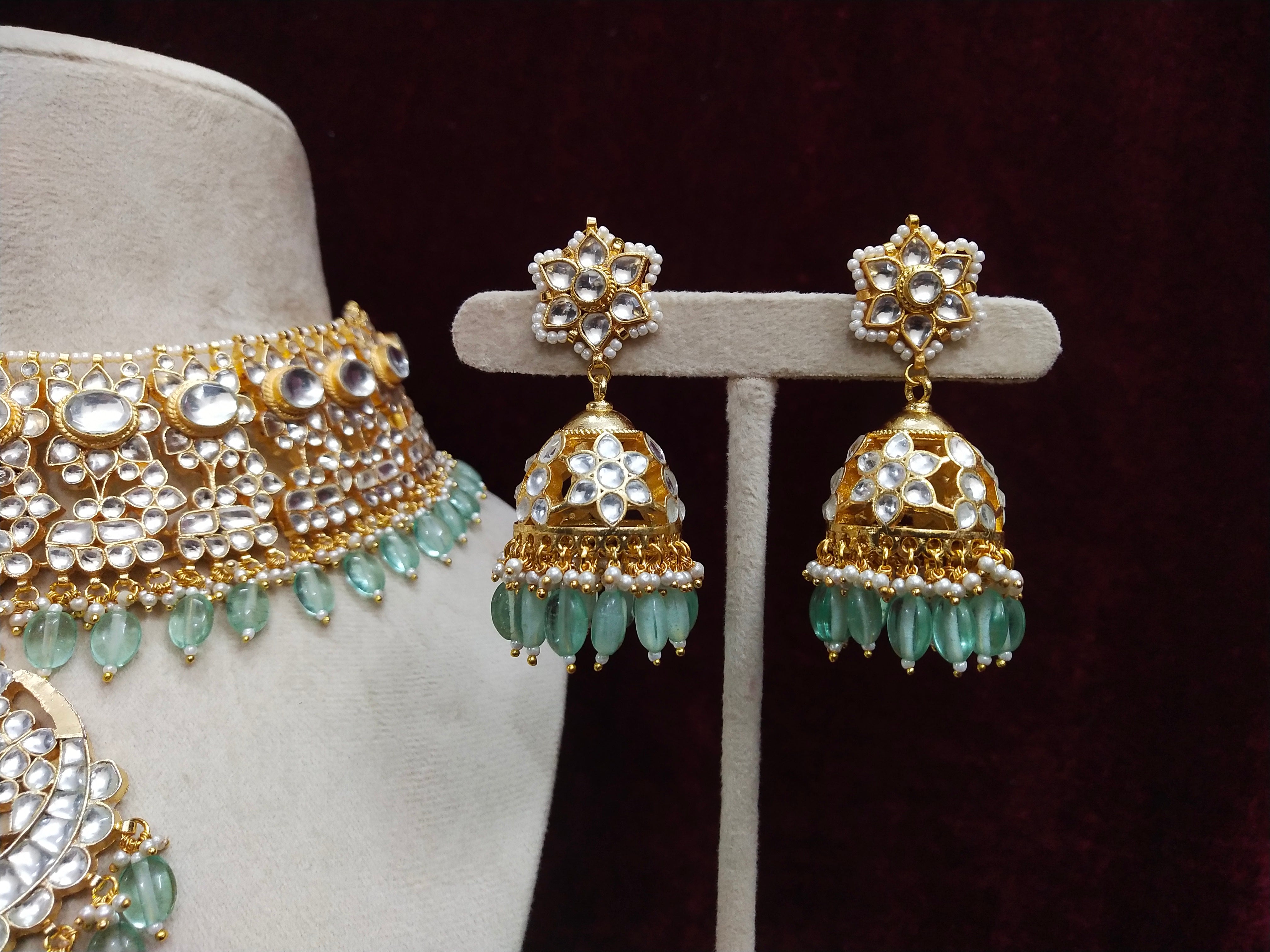 Gold plated Kundan Necklace Set in mint drops