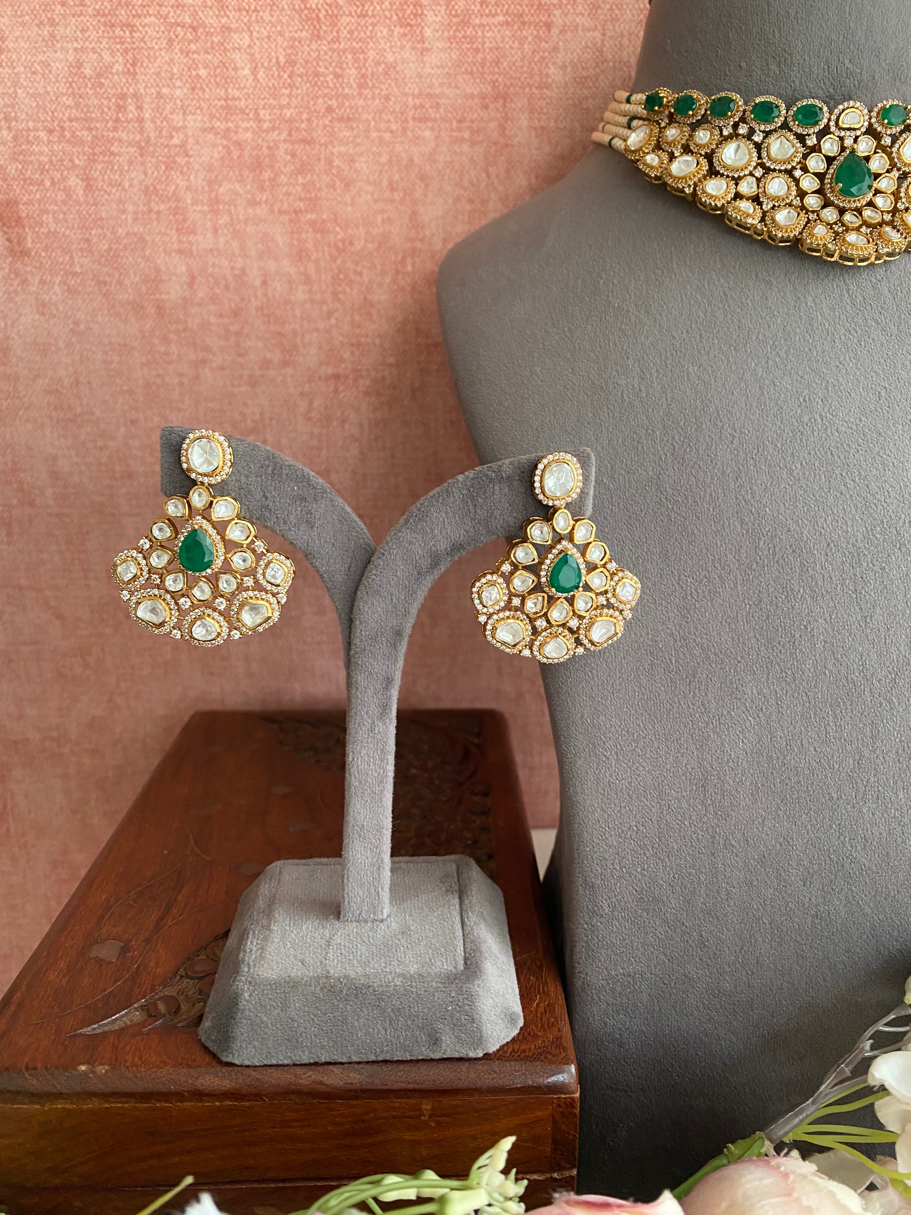 Moissanite Polki Green Stone Necklace Set