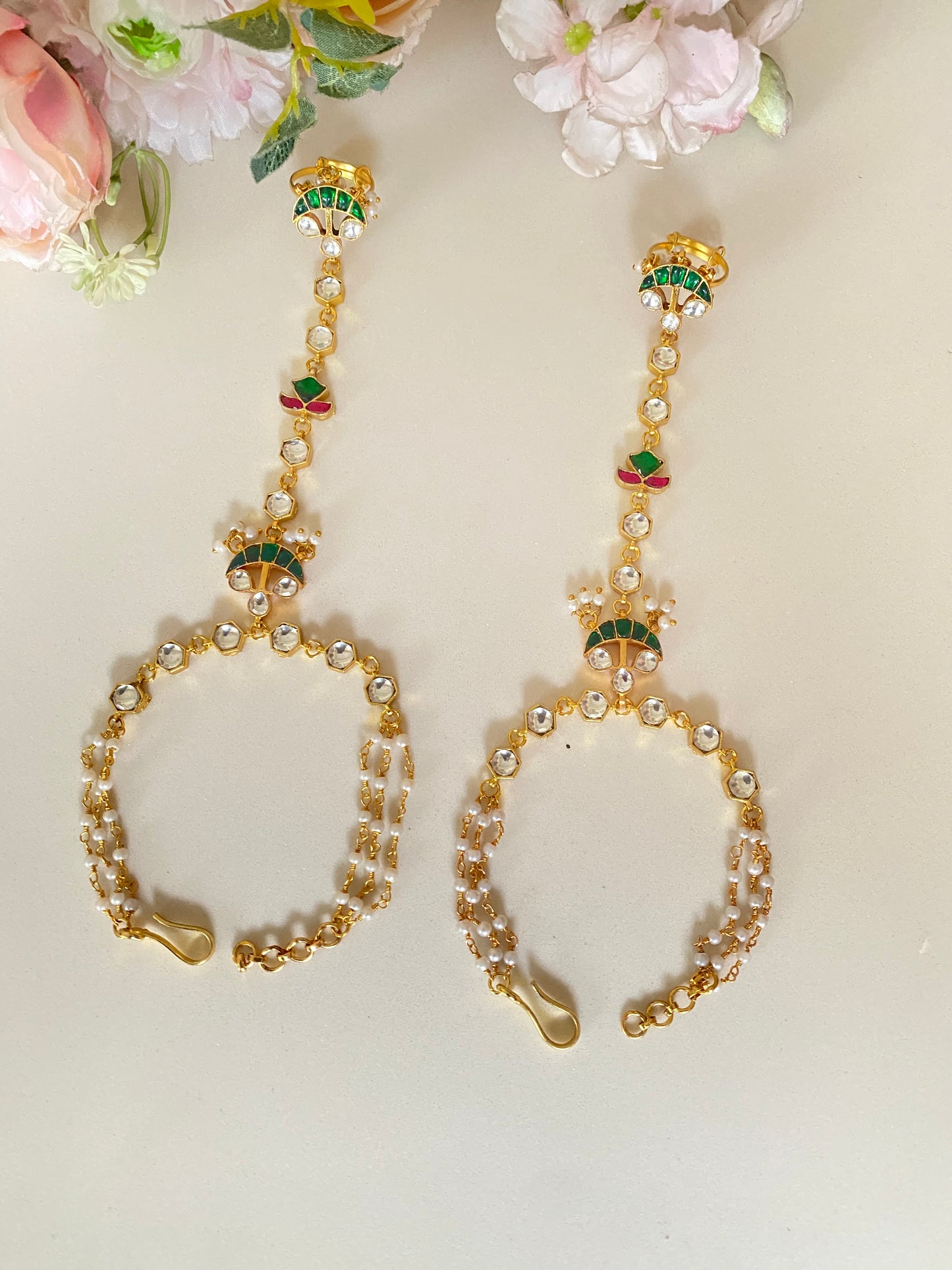 Gold Plated Pink Green Kundan Hathphool