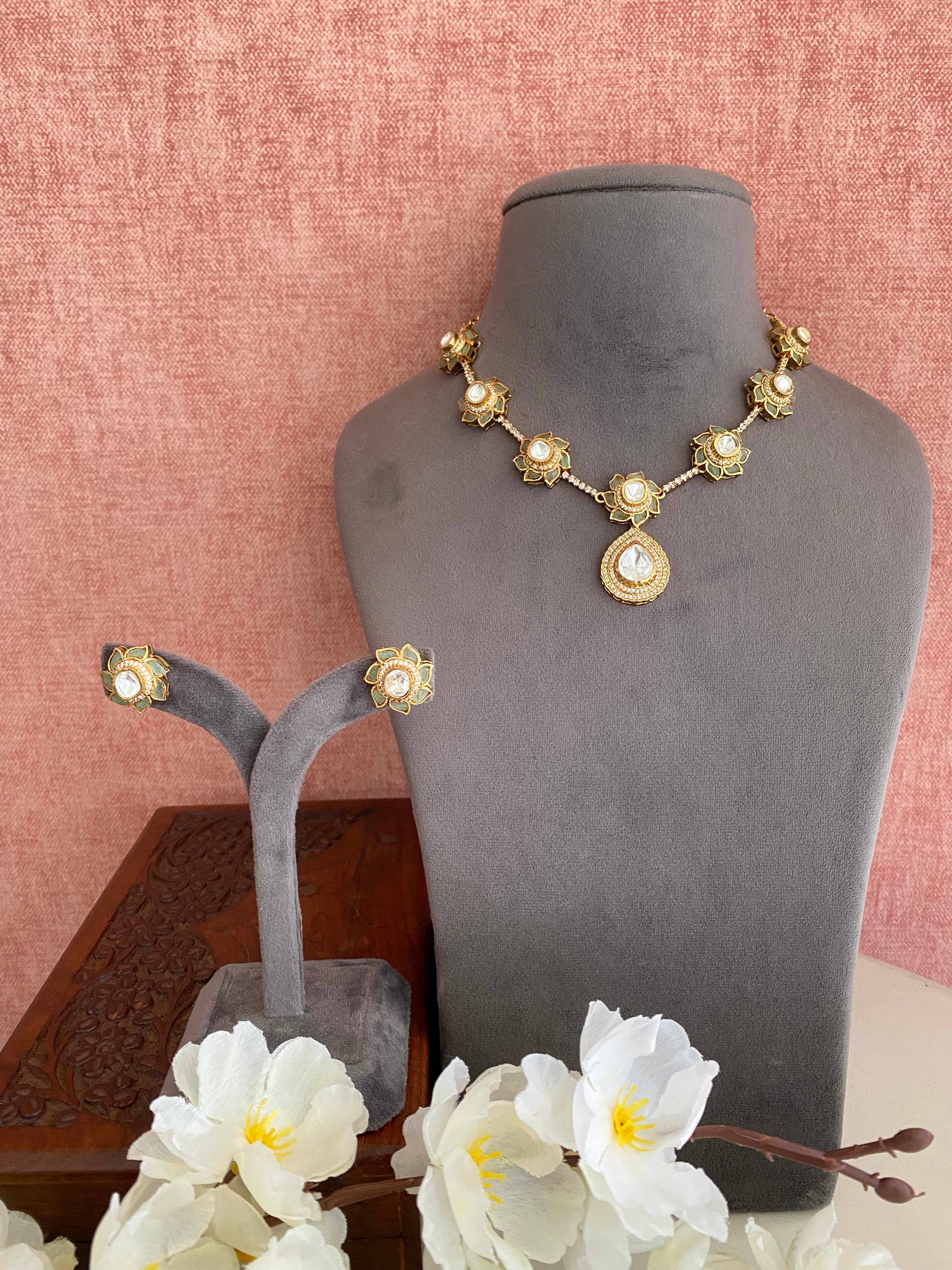 Gold plated Moissanite Mint Long Necklace Set