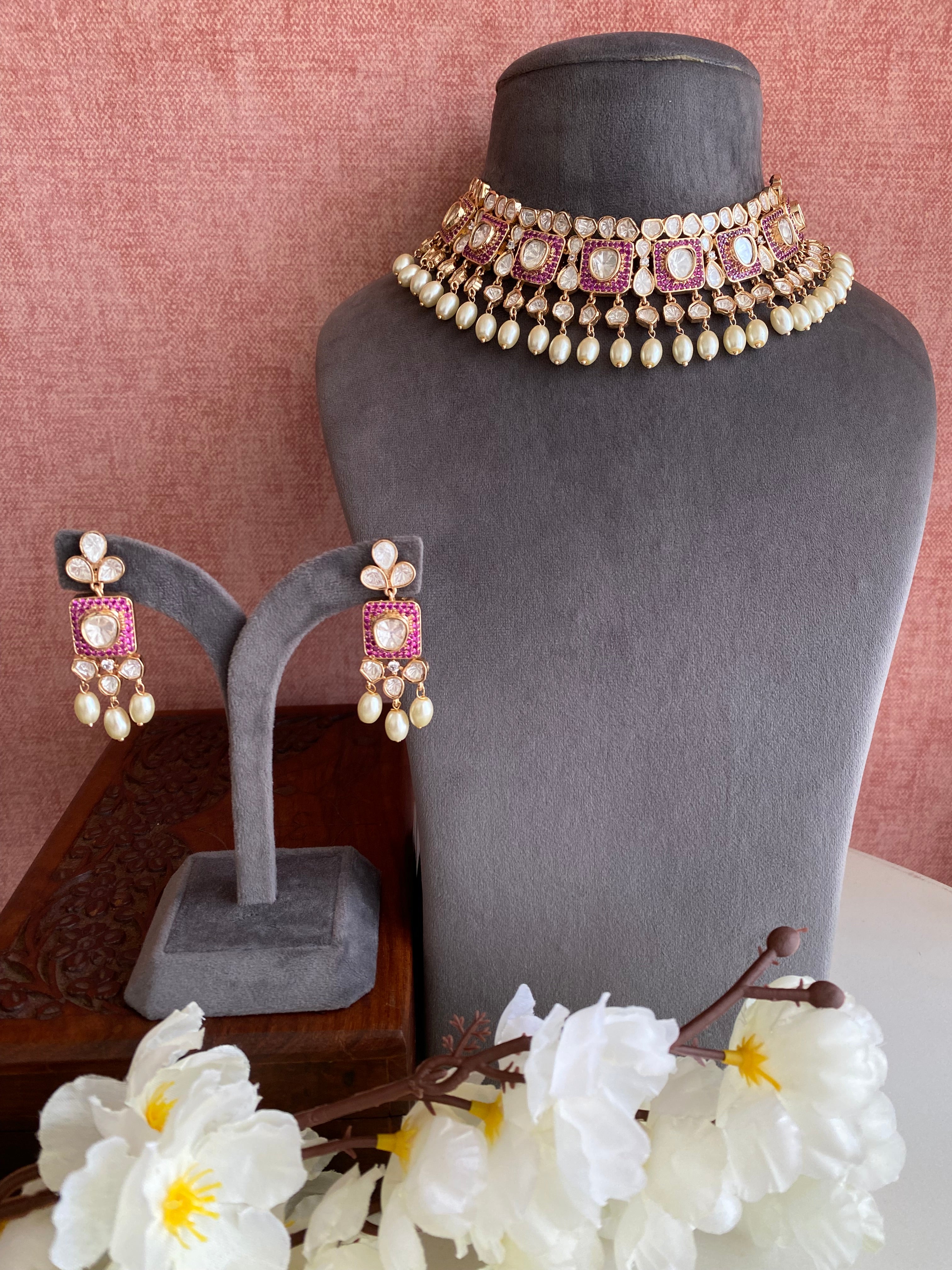 Moissanite polki Gold plated necklace set