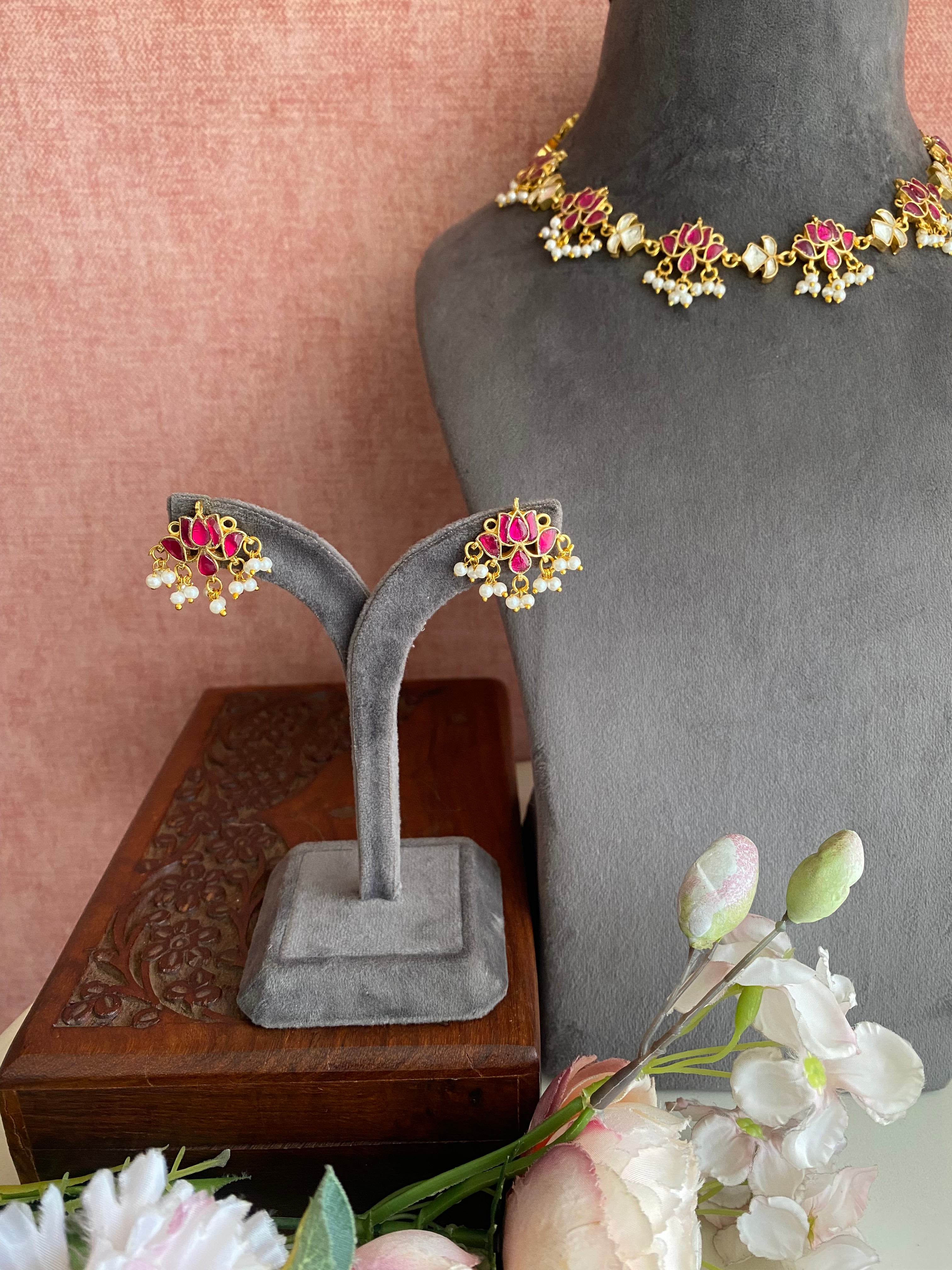 Gold Plated Pink Kundan Necklace Set