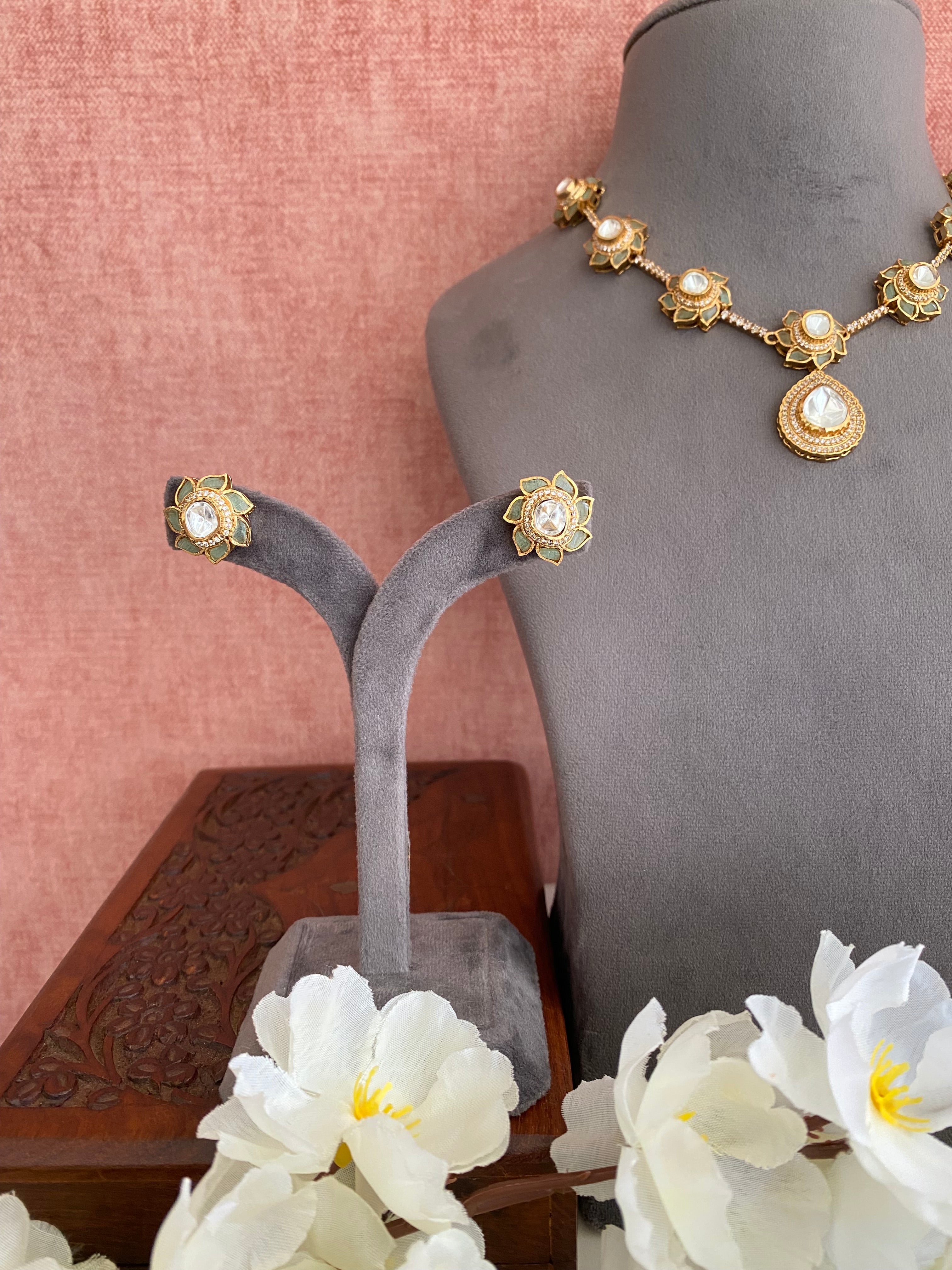 Gold plated Moissanite Mint Long Necklace Set