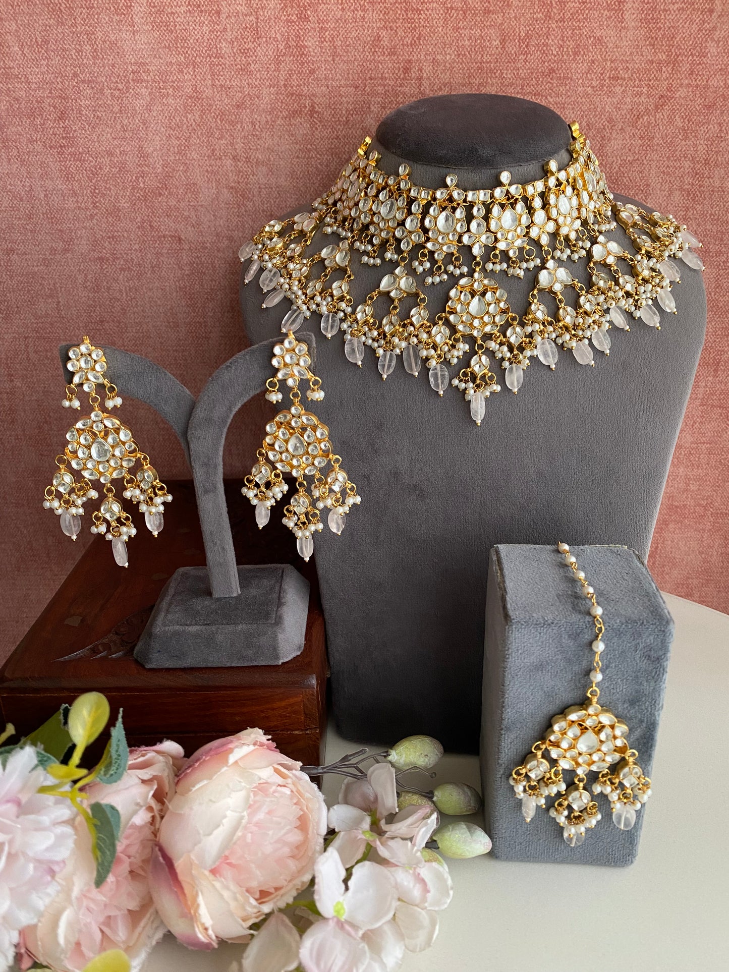 Kundan Bridal Necklace Set in Pink Drops
