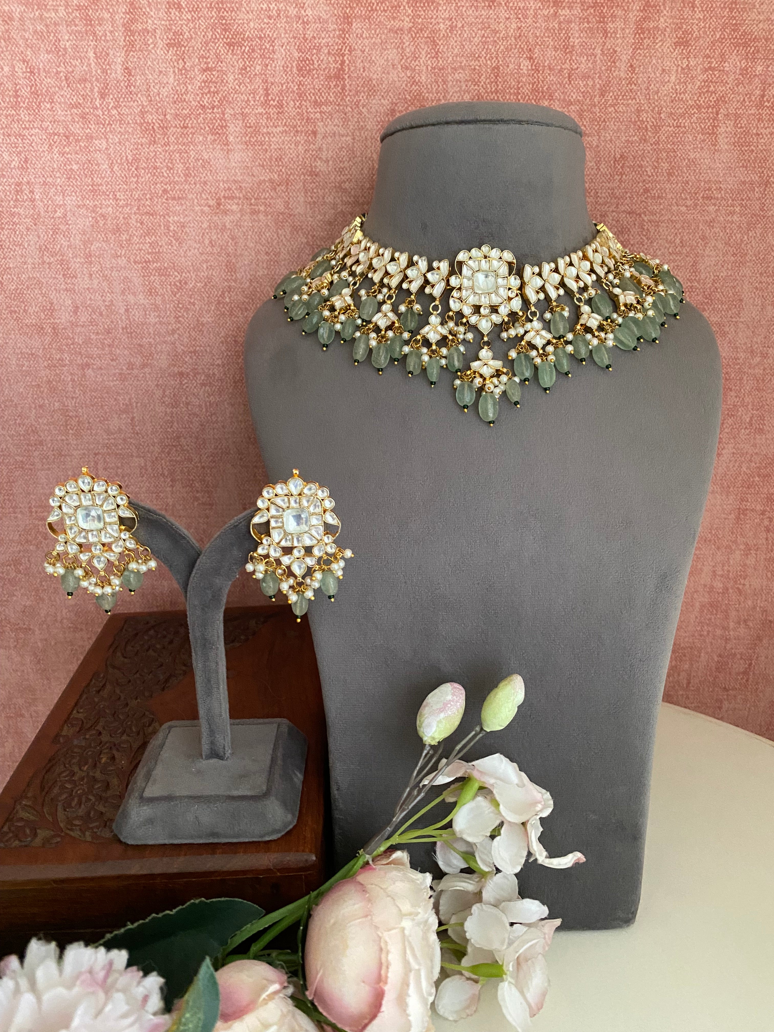 Gold Plated Kundan Necklace Set in mint drops