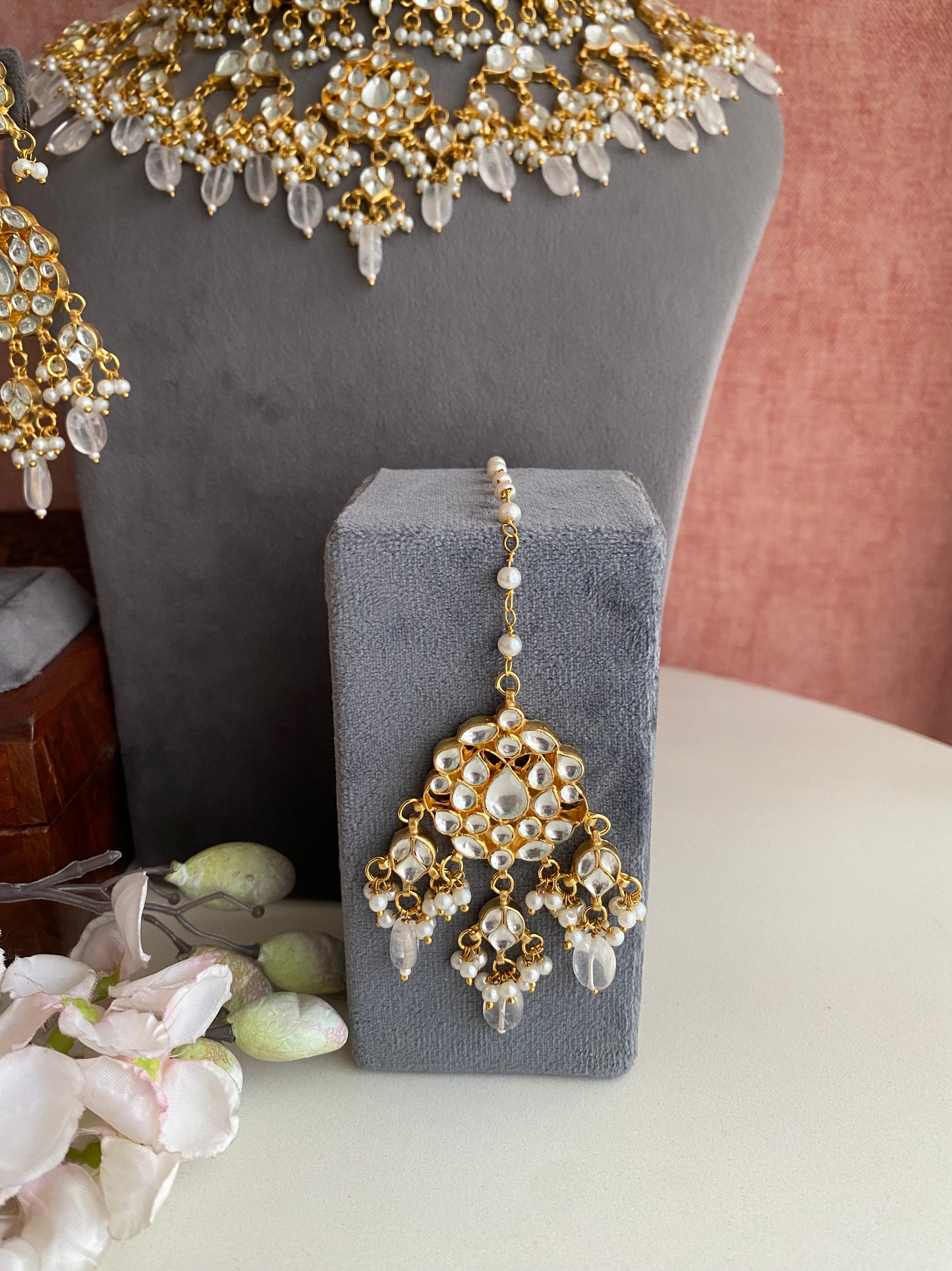 Kundan Bridal Necklace Set in Pink Drops