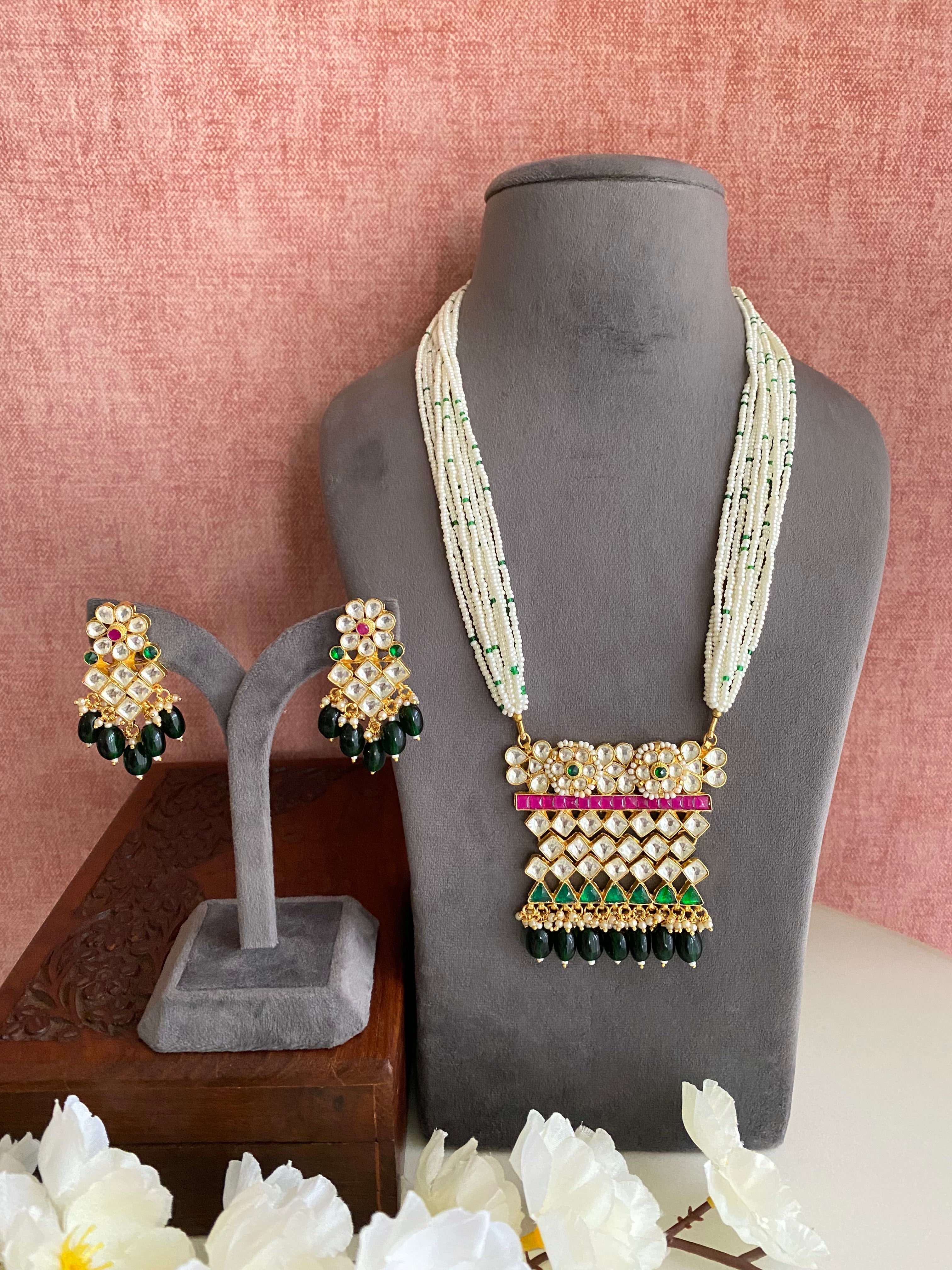 Gold Plated Pink Green Kundan Long set