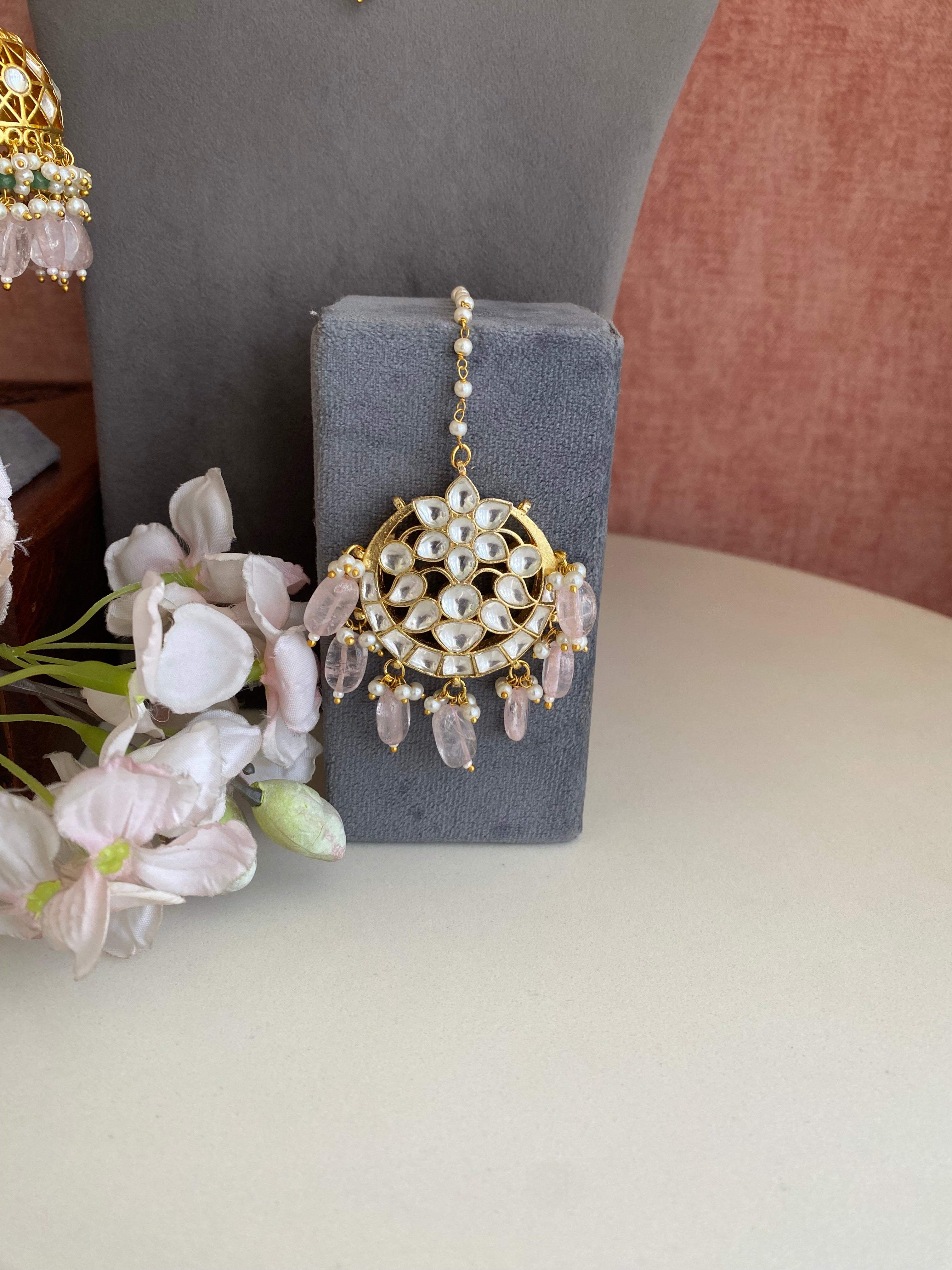 Kundan Choker with Necklace set in mint and pink drops