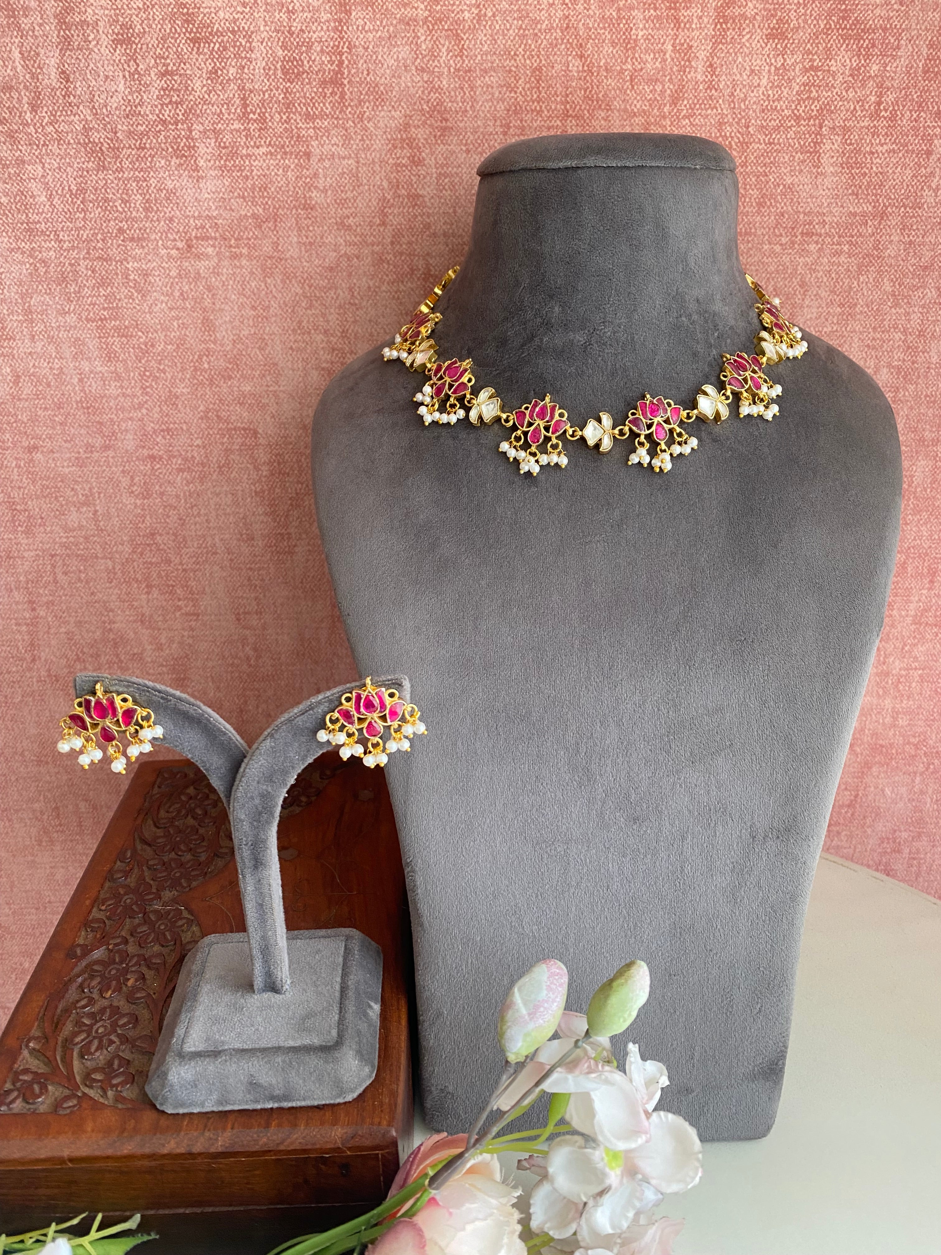 Gold Plated Pink Kundan Necklace Set