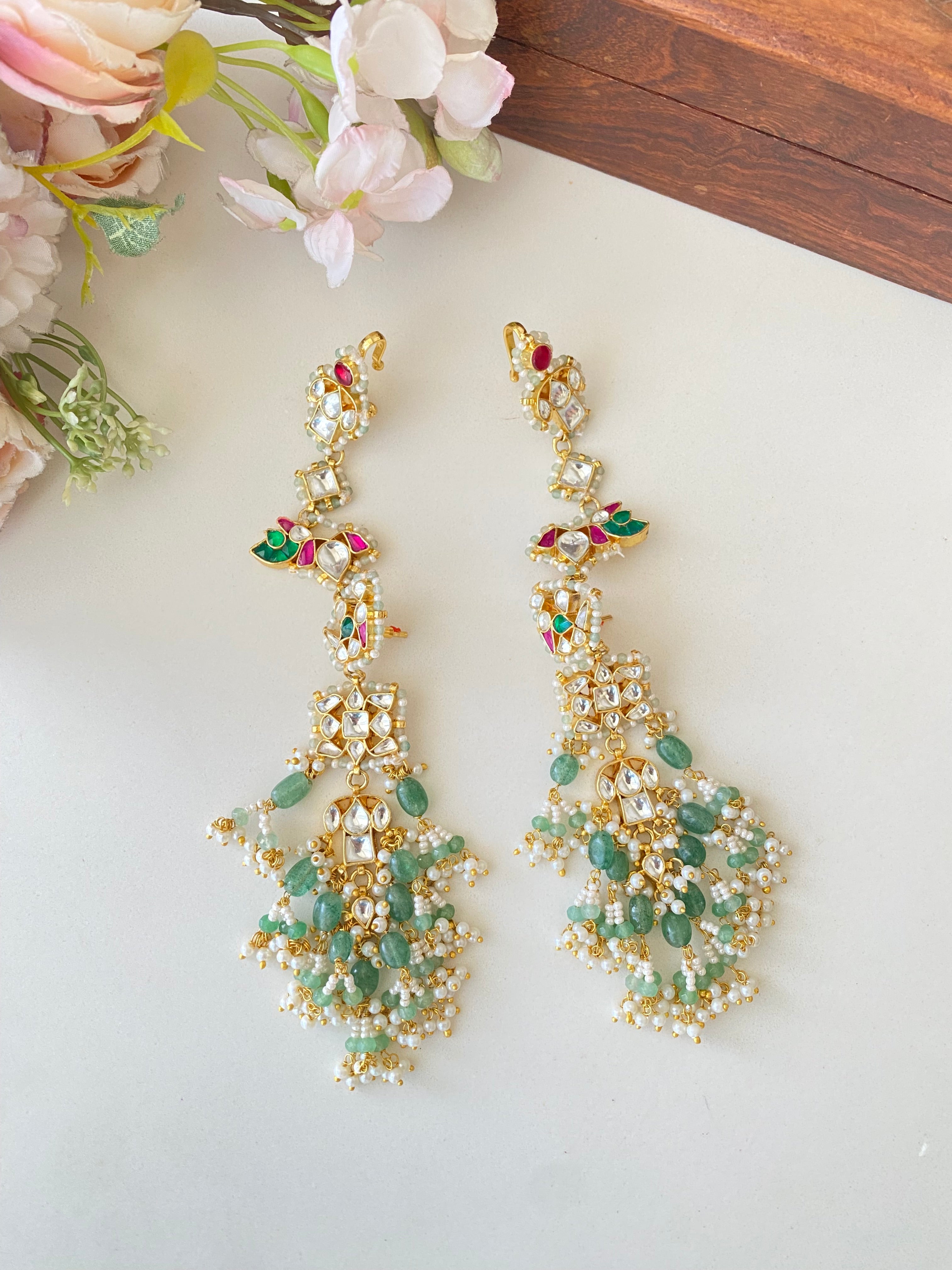 Multi color Kundan ear cuffs in Mint drops