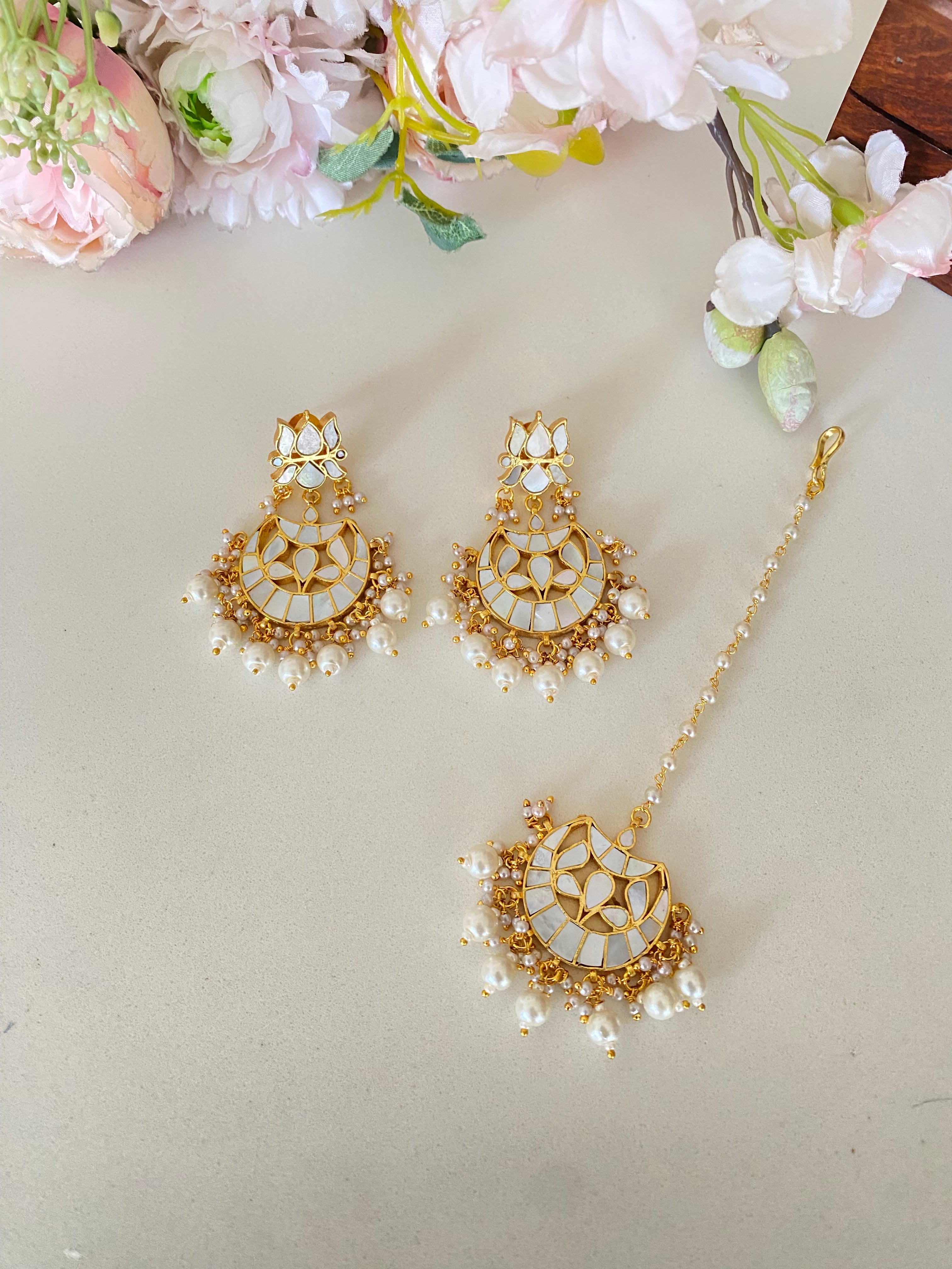 Mother of pearl earrings and Tikka set