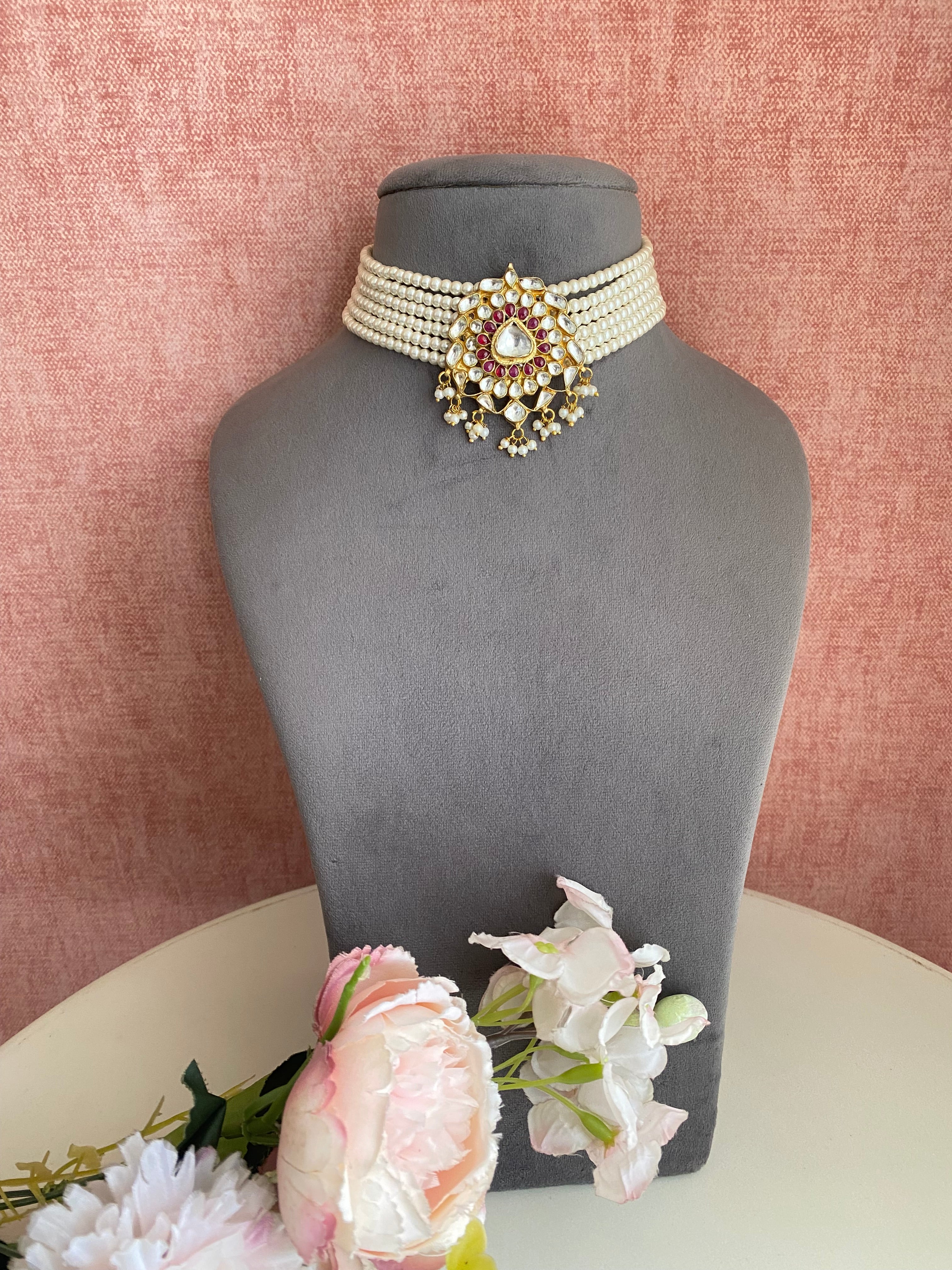 Gold plated Pink Kundan choker Set
