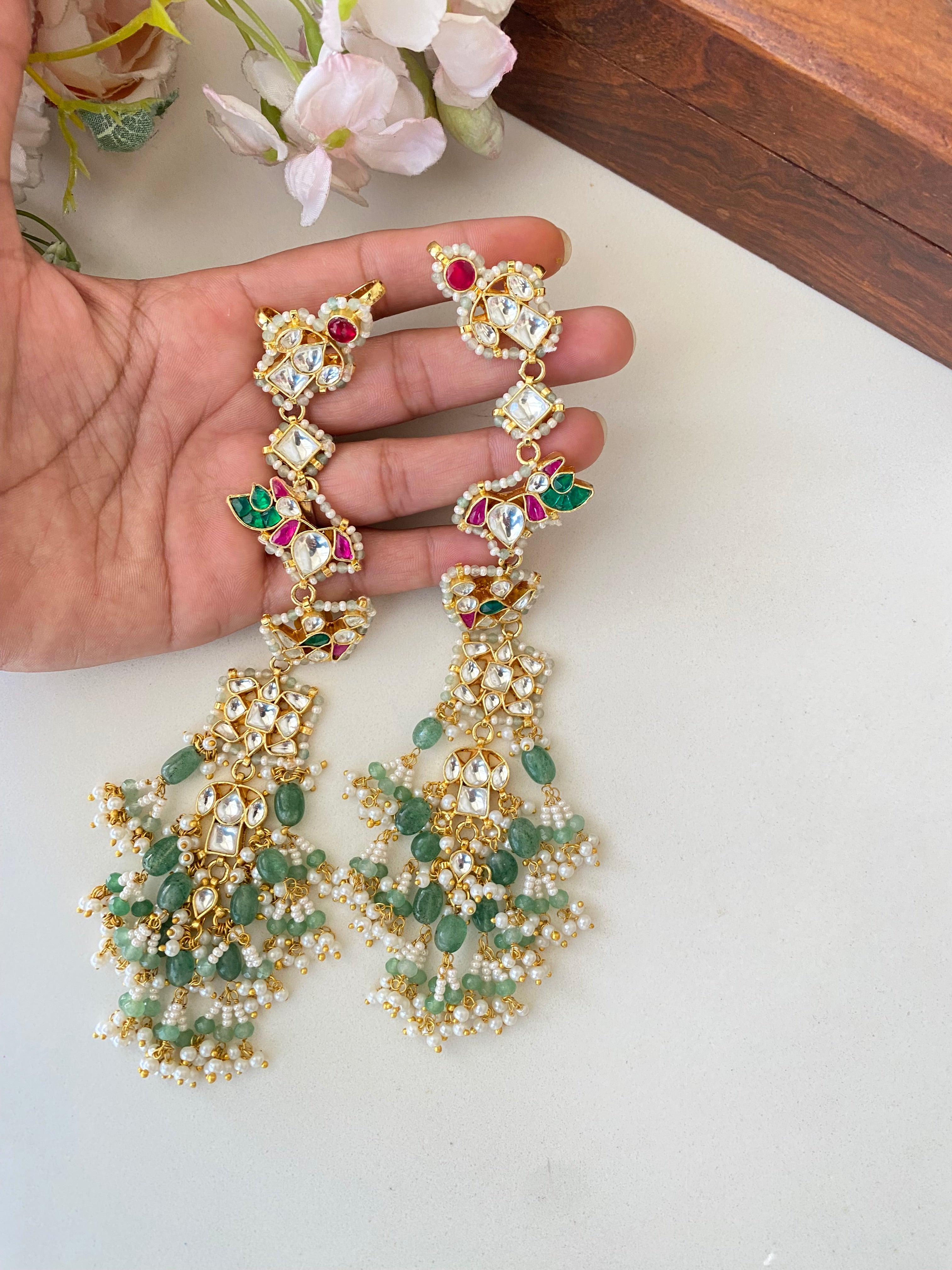 Multi color Kundan ear cuffs in Mint drops