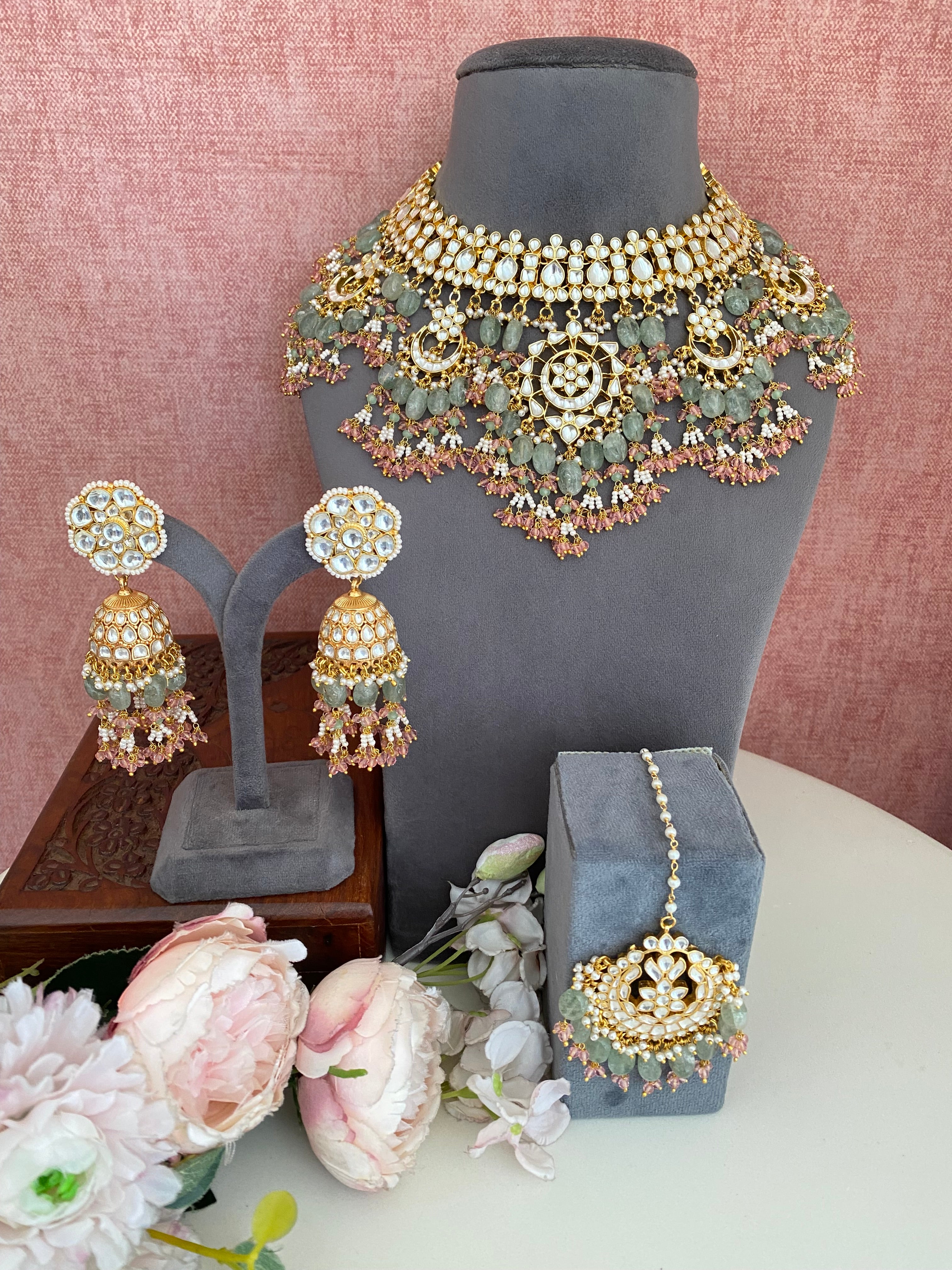 Kundan Bridal Necklace Set in mint and pink drops