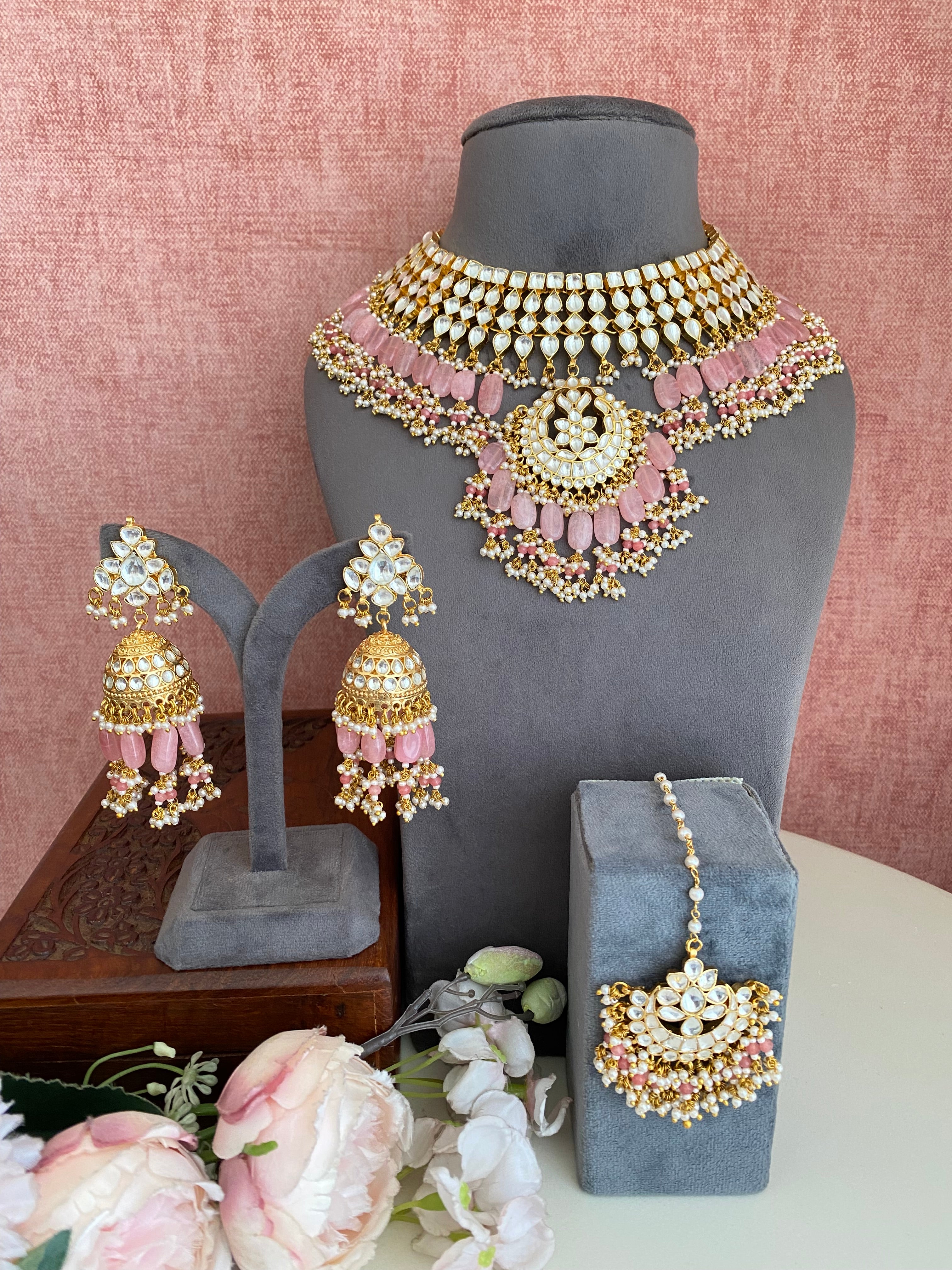 Kundan Bridal Necklace Set in pink drops