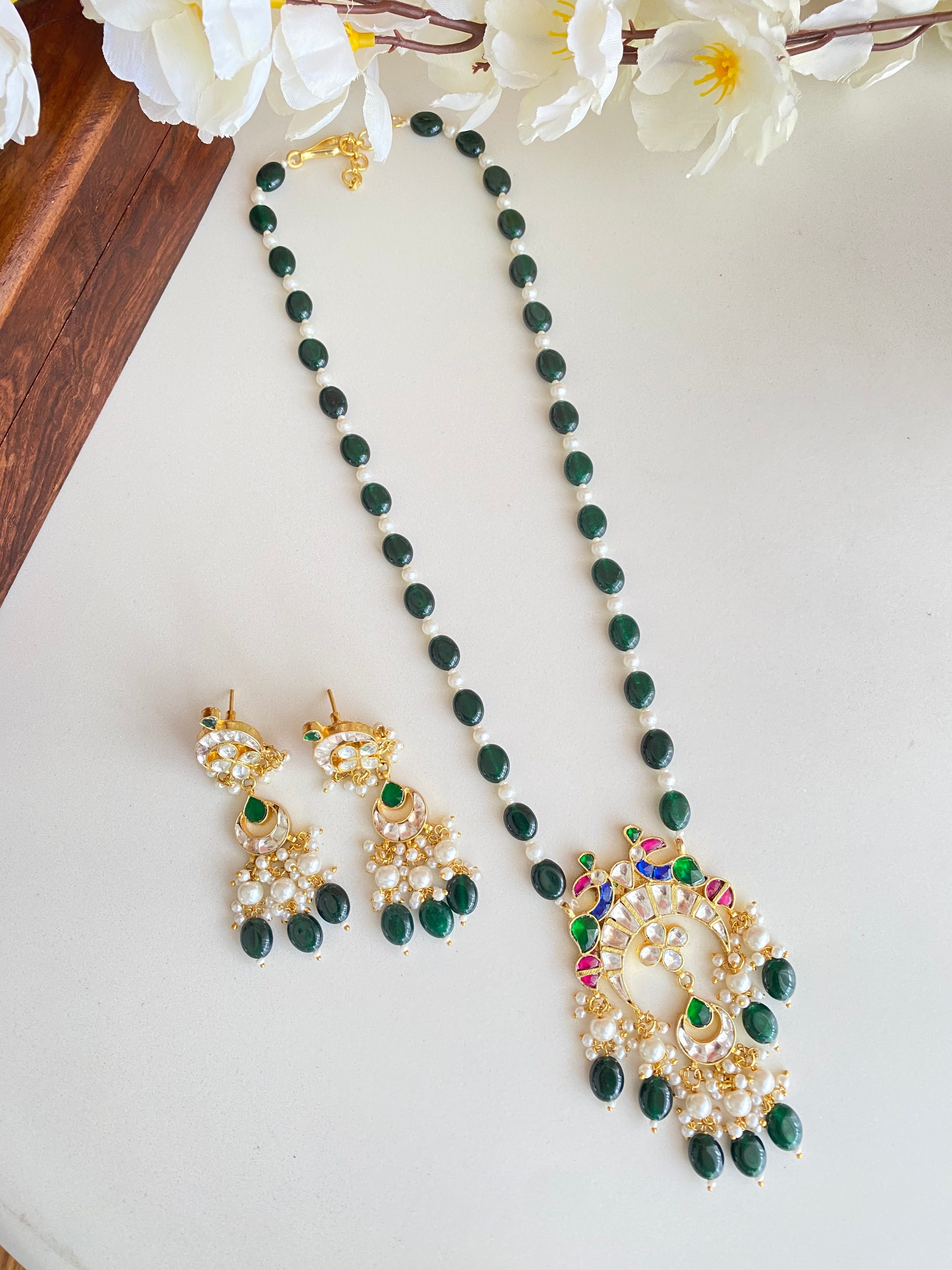 Gold Plated Kundan Long Necklace Set in green drops
