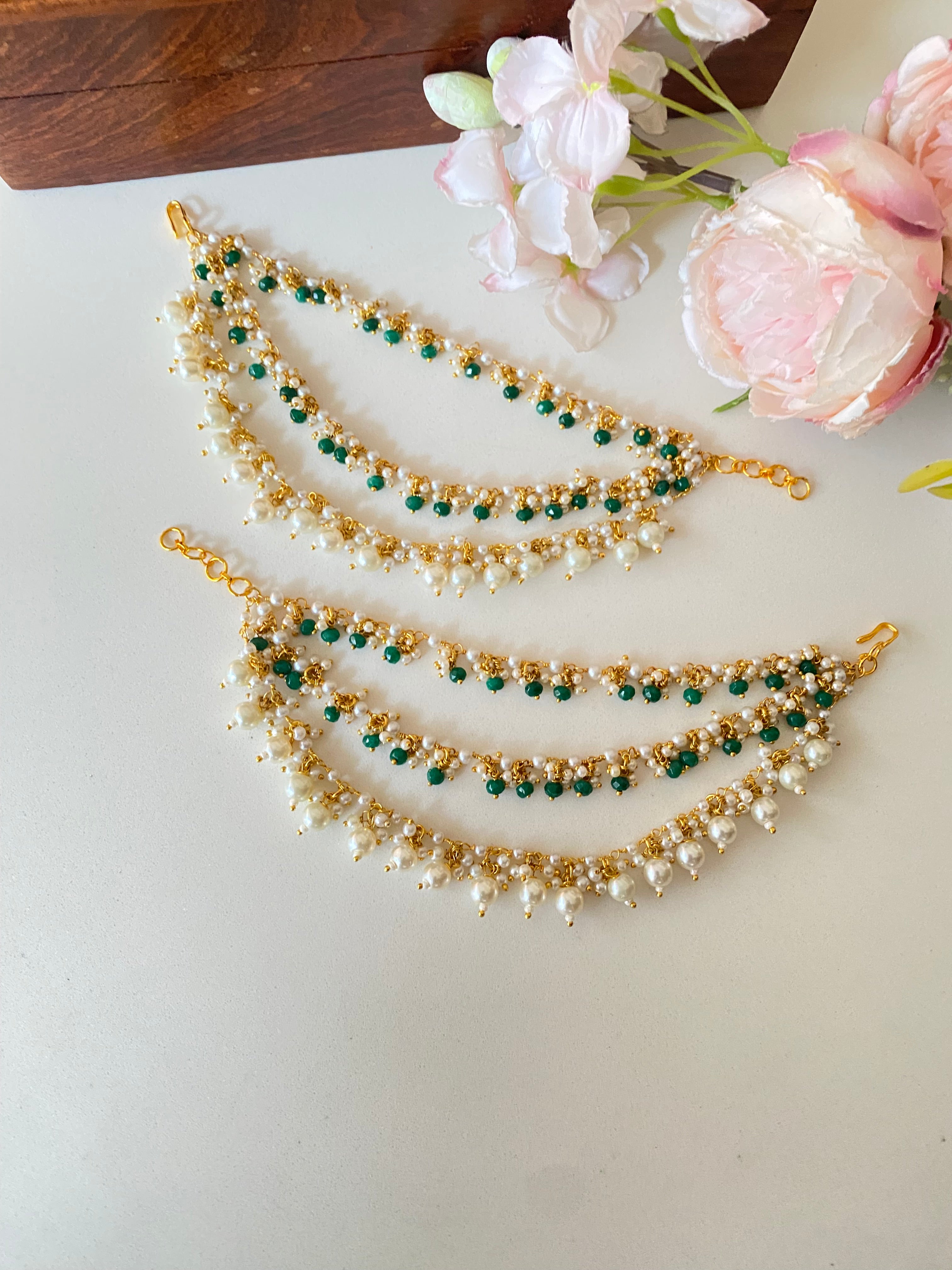 Gold Plated Pearl Ear Chain In Green Drops