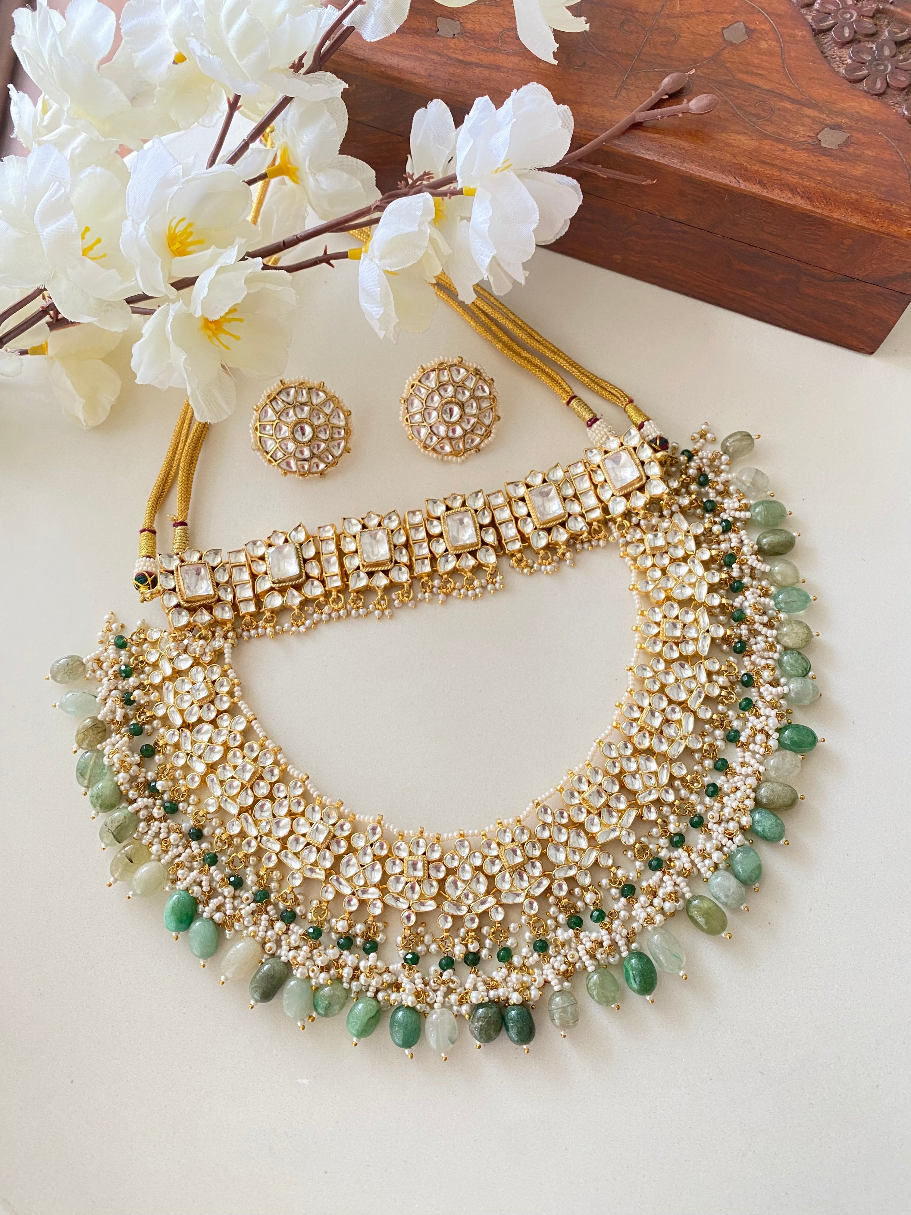 Kundan Bridal Necklace Set in mint Drops