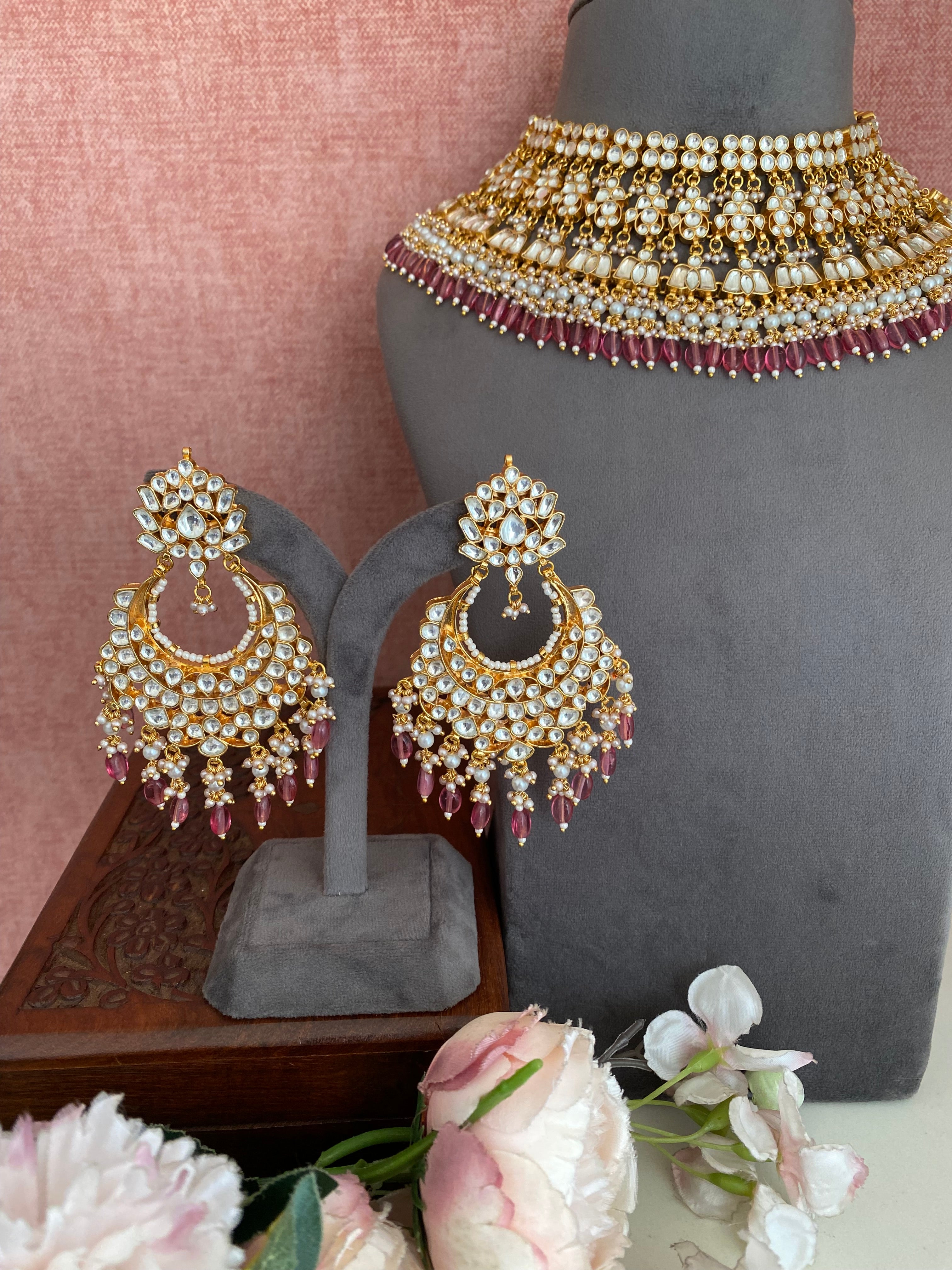 Gold Plated Kundan Necklace Set in Pink drops