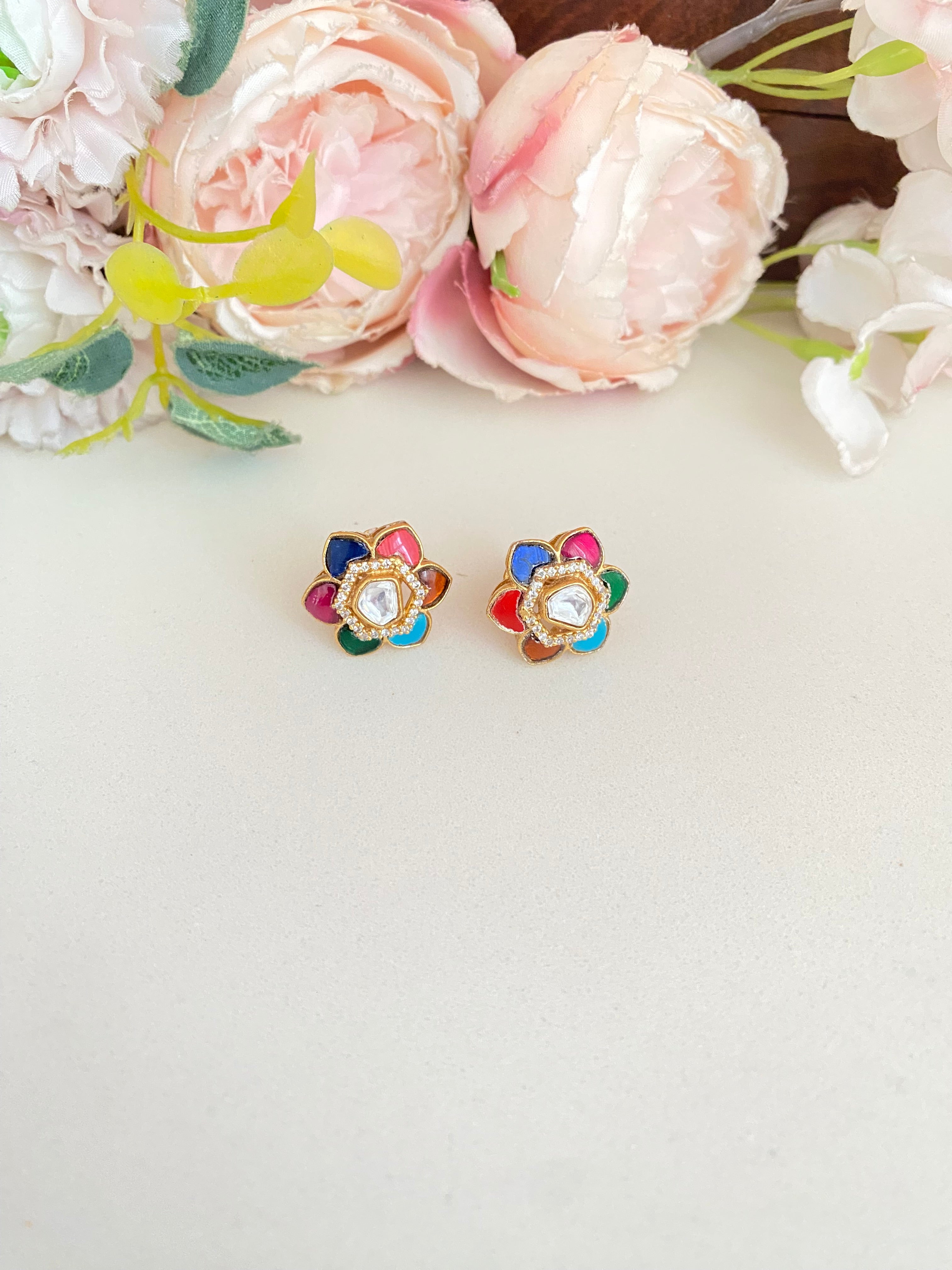 Gold plated moissanite navrattan Studs