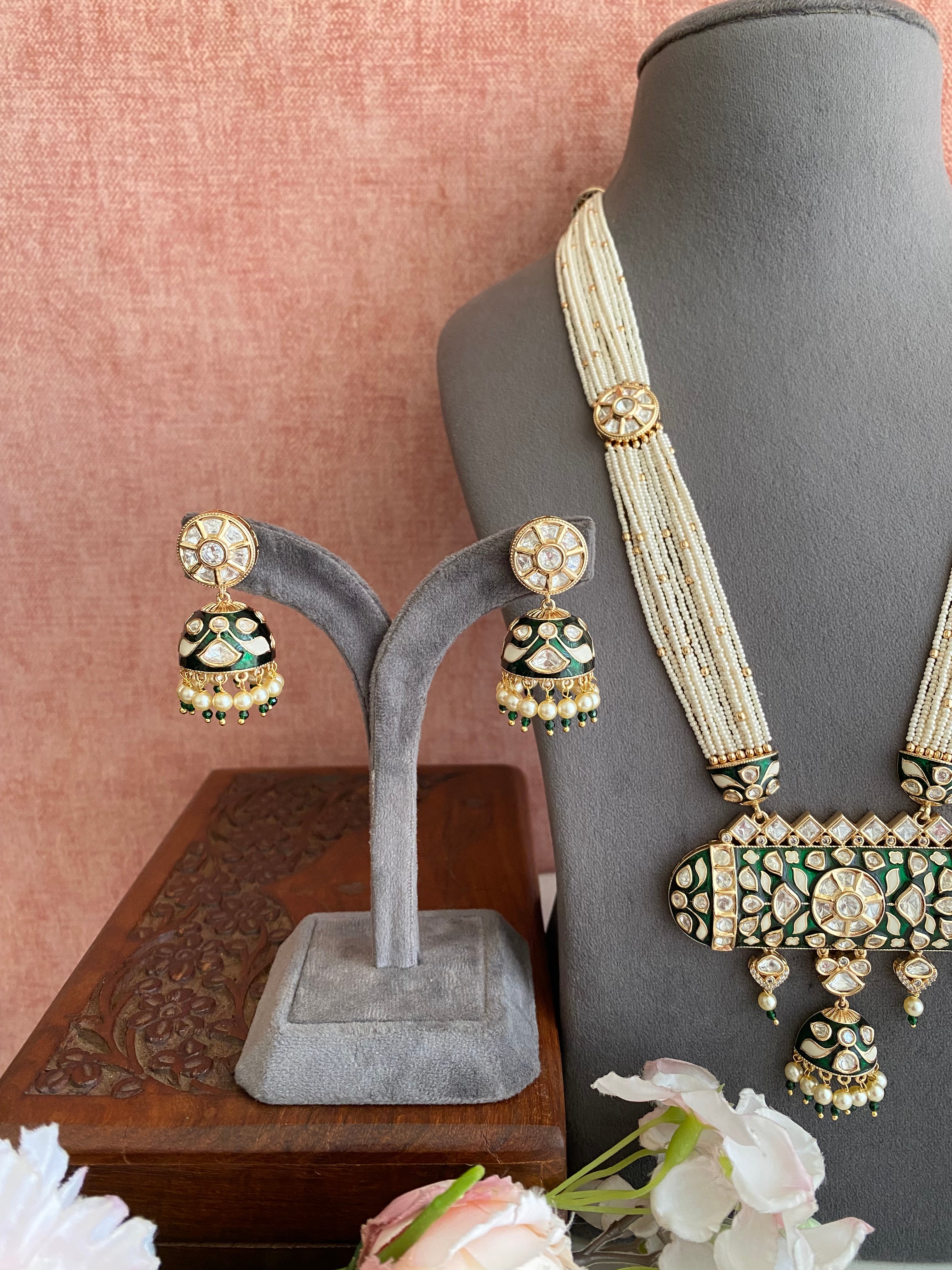 Gold plated Moissanite Long Necklace Set with meena