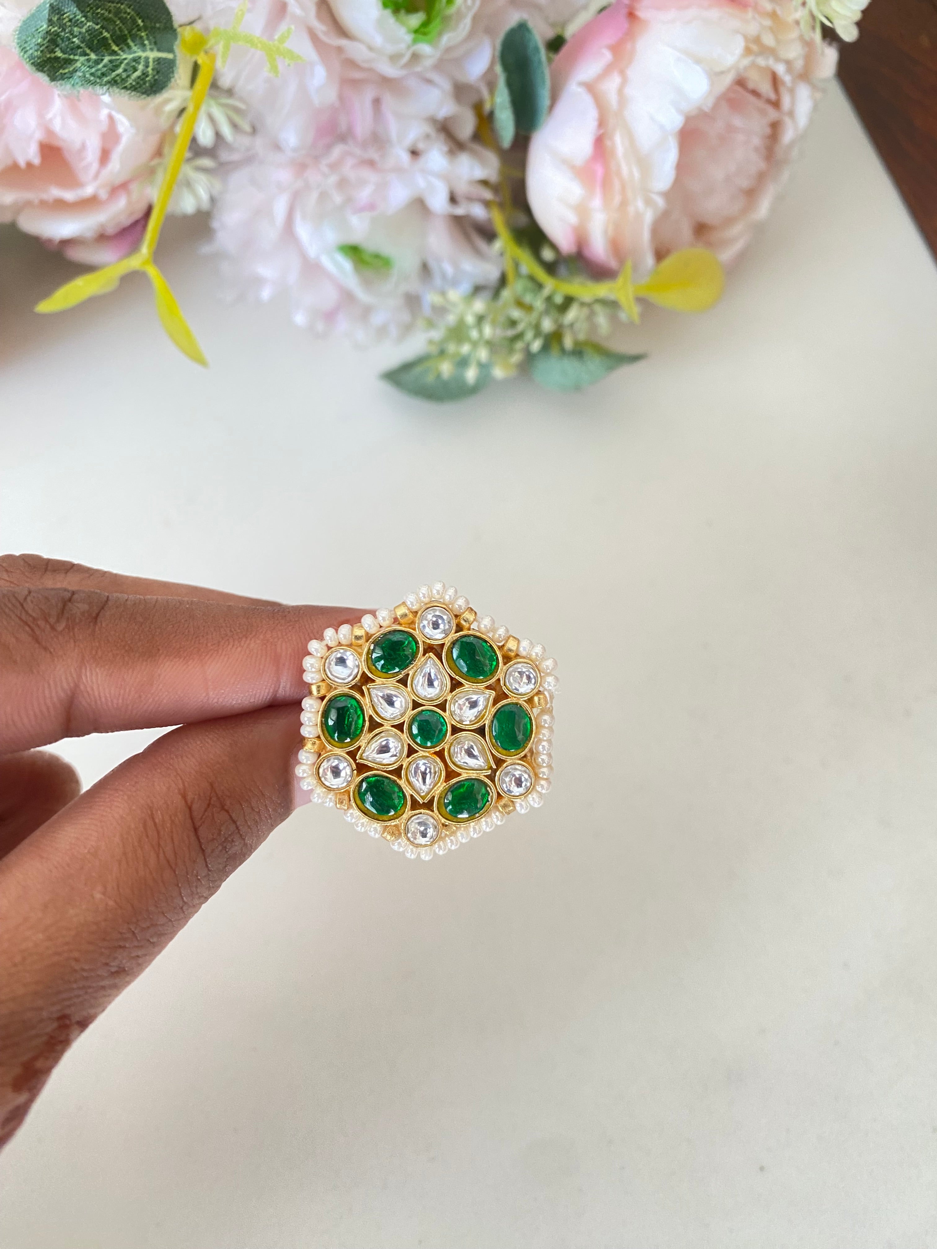 Gold plated Kundan green ring