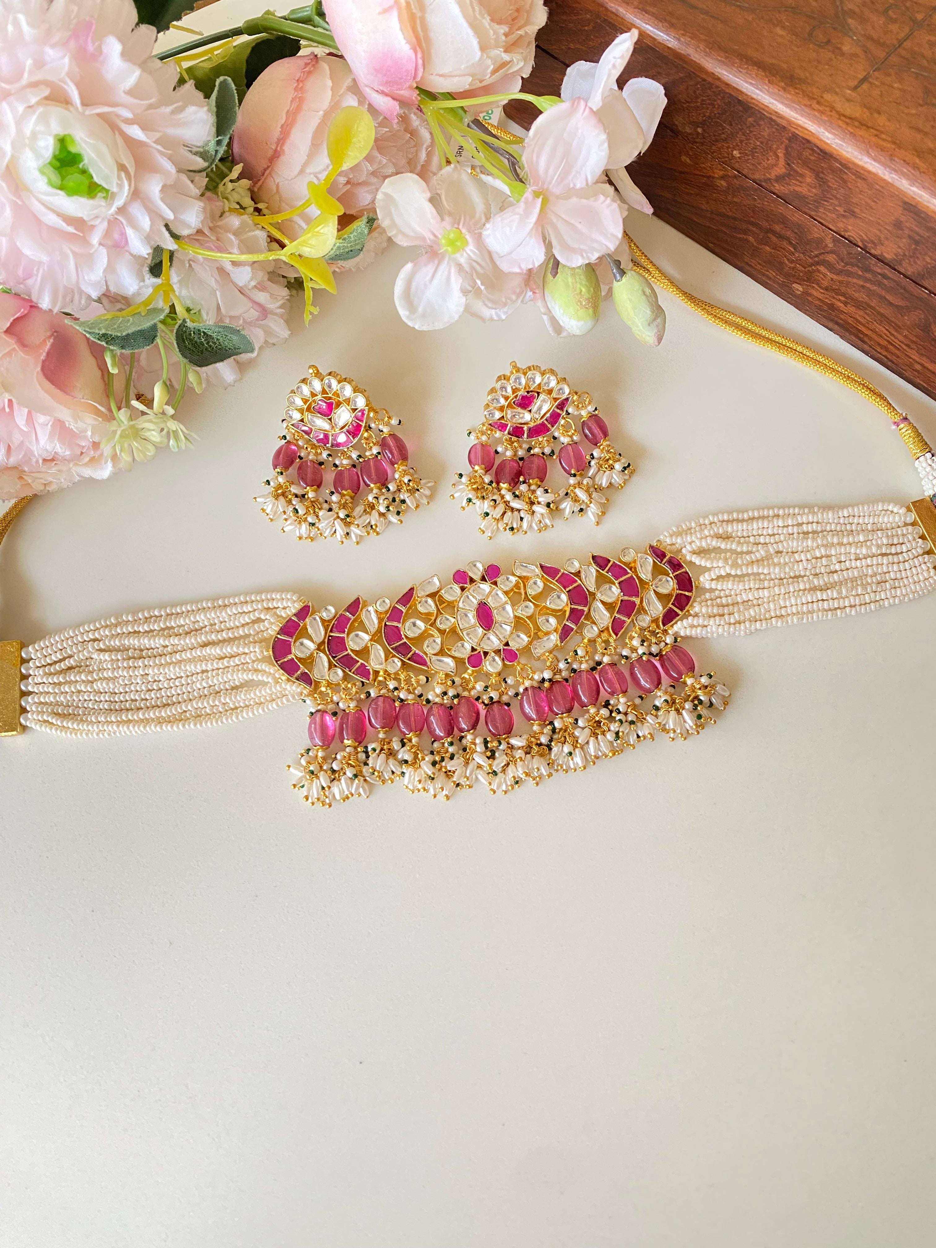 Gold Plated Pink kundan Choker set