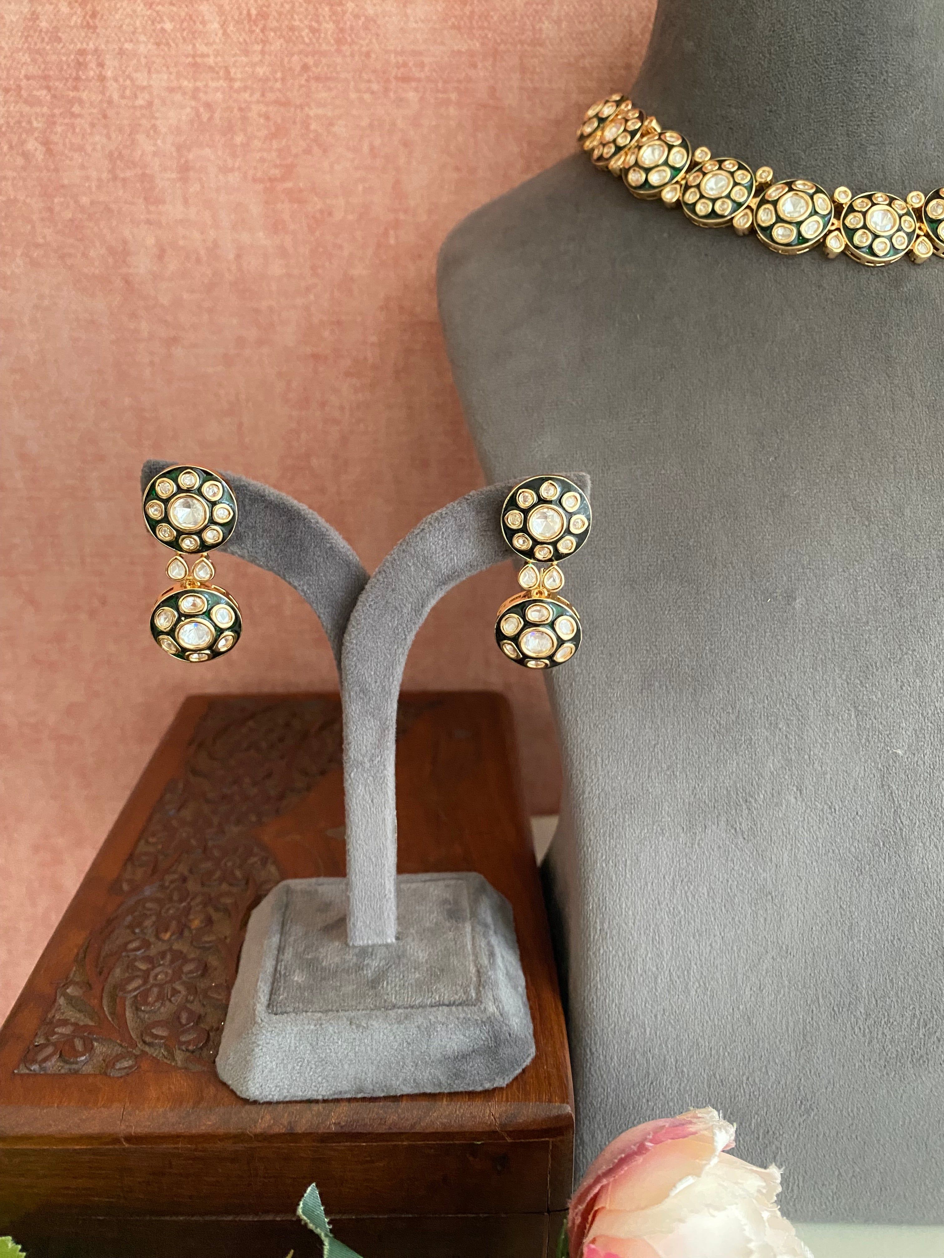 Gold plated Green Meena Necklace set