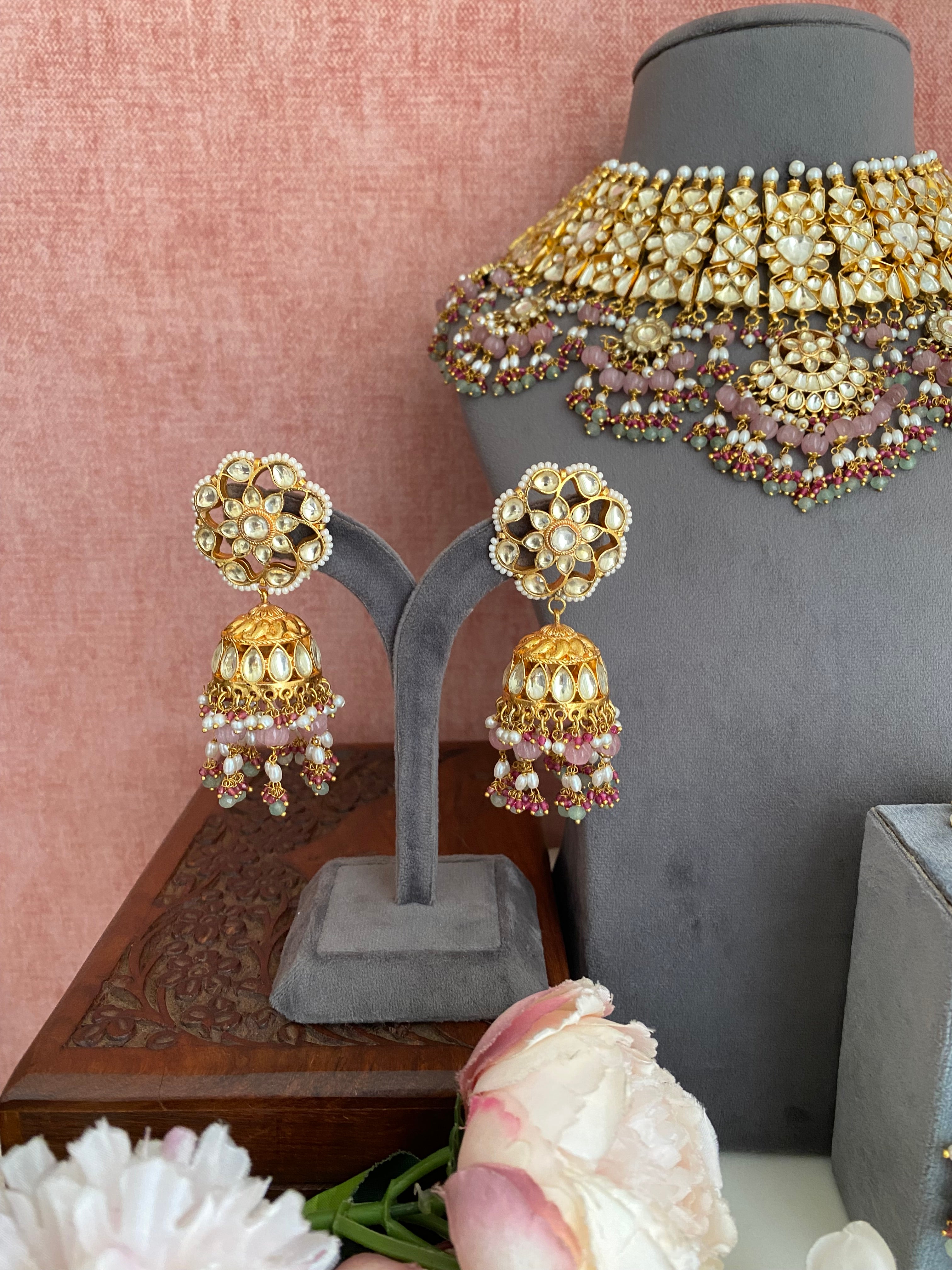 Kundan Bridal Necklace Set in Pink Drops