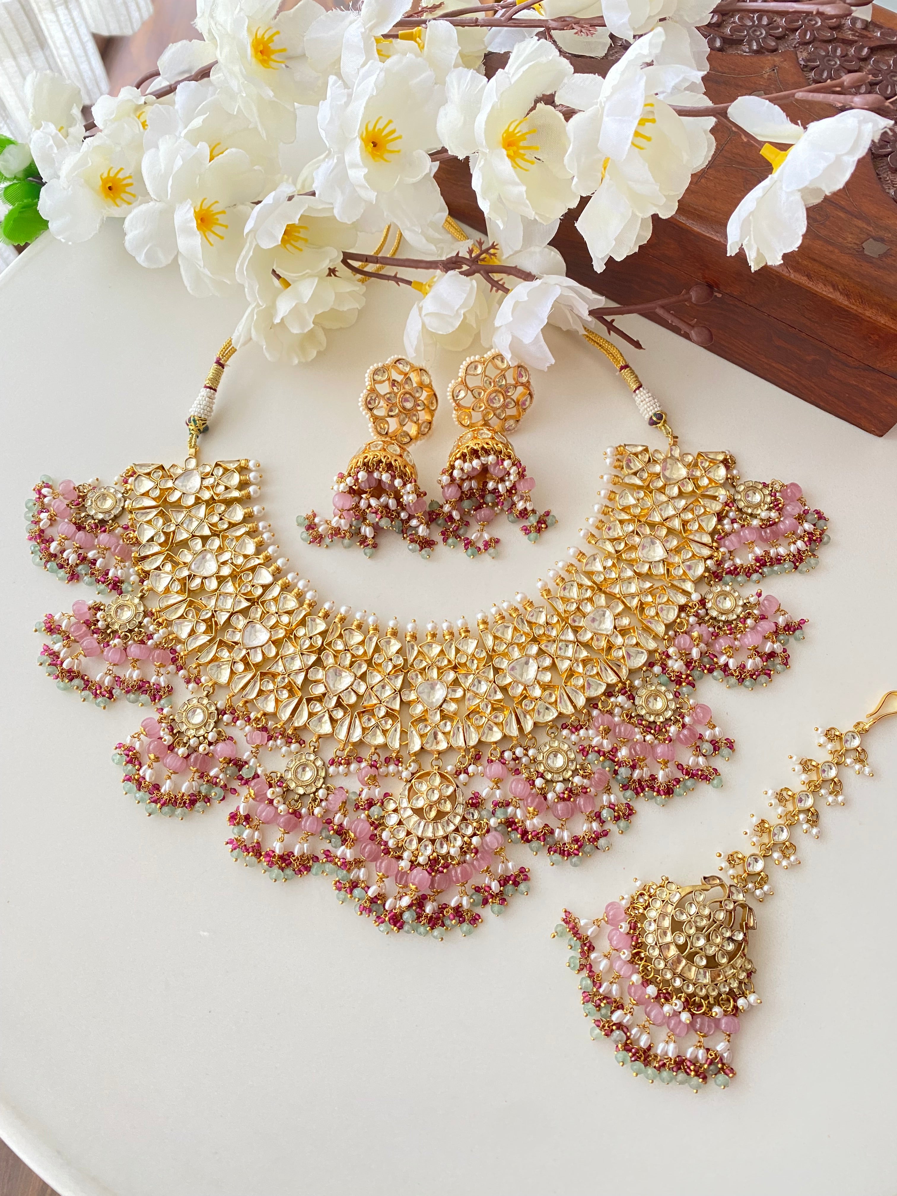 Kundan Bridal Necklace Set in Pink Drops