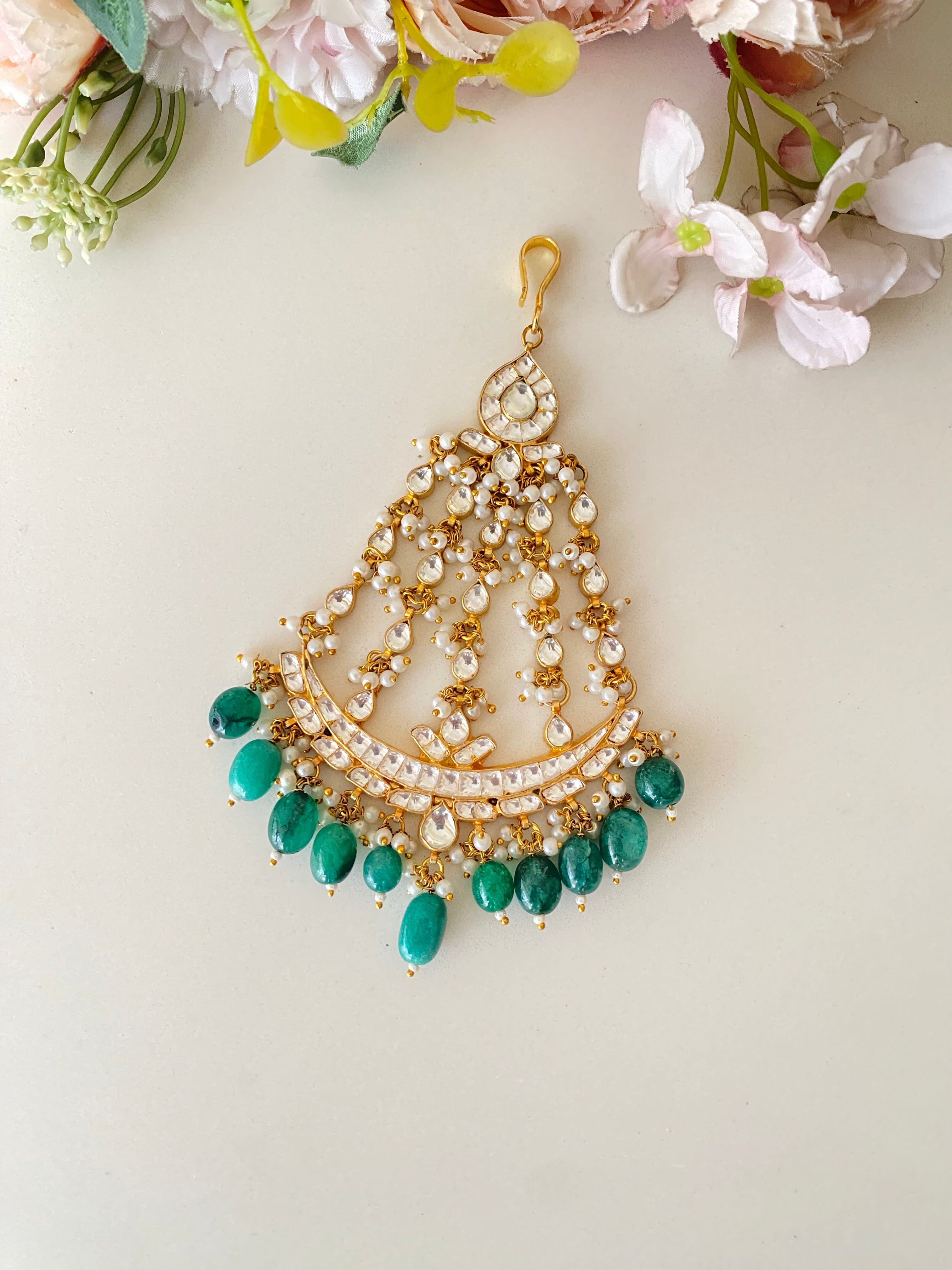 Gold plated Kundan Pasa in pearl drops