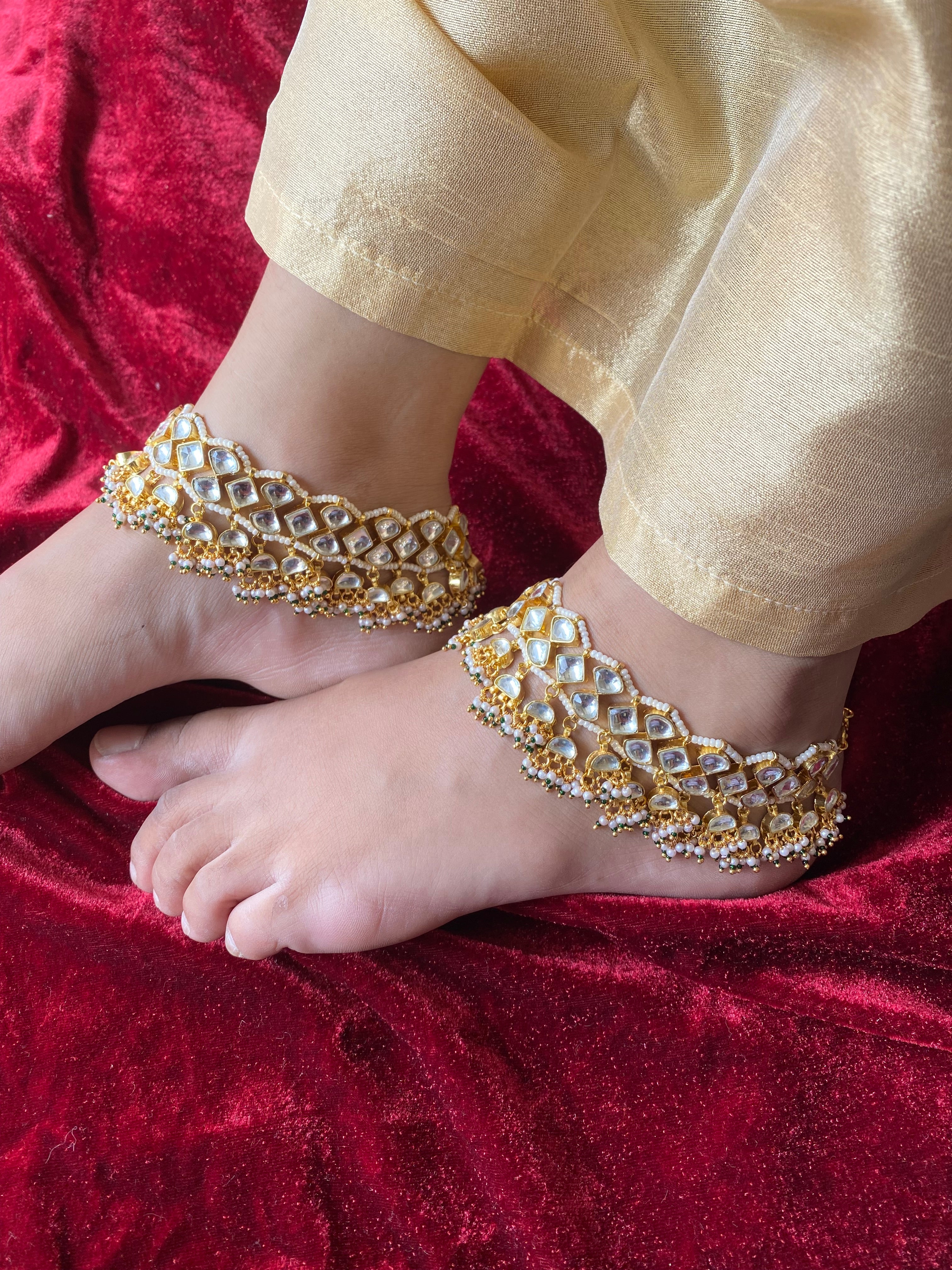 Gold plated Kundan Payal in Green