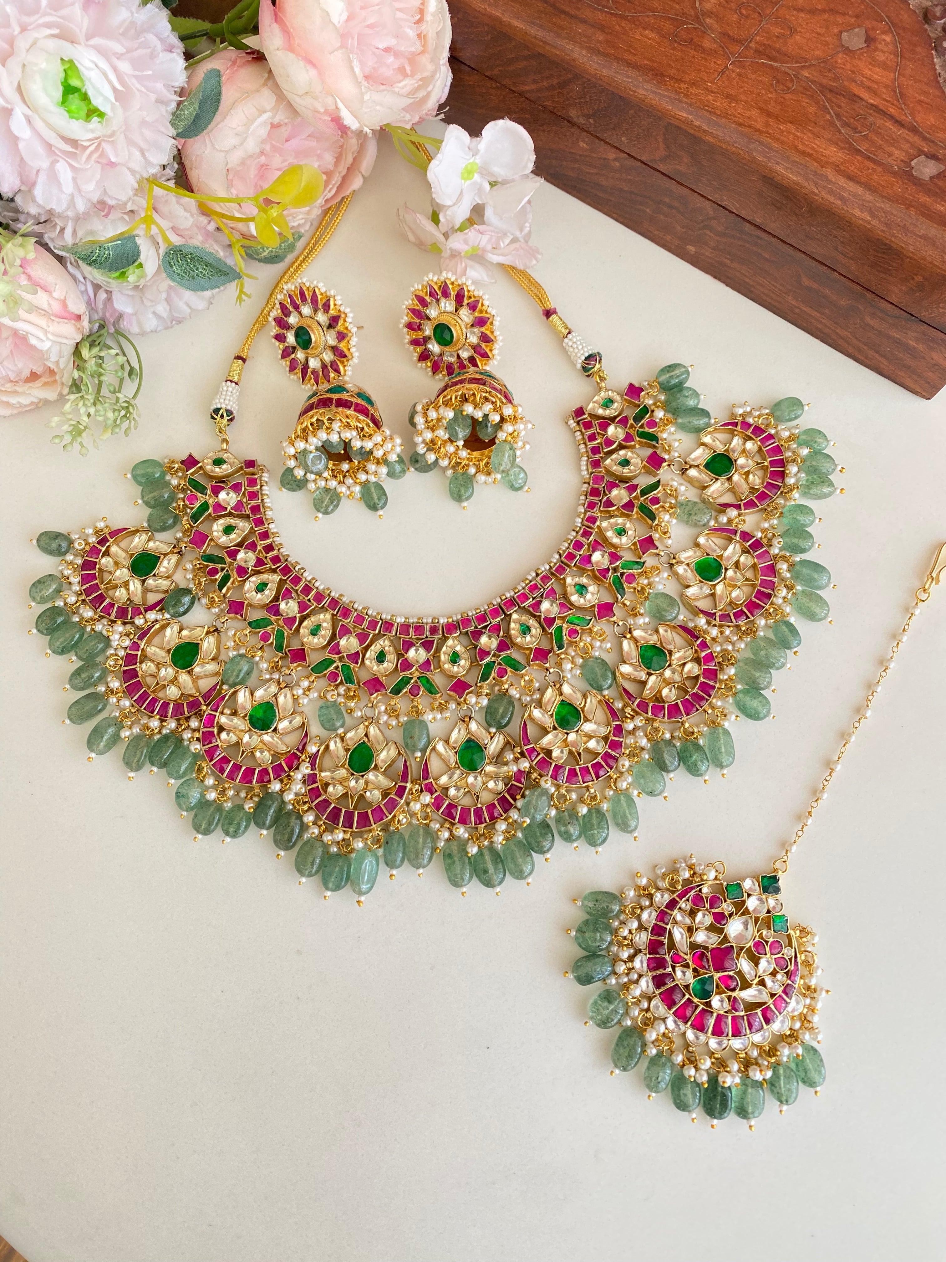 Multicolour kundan Bridal Set in Mint drops