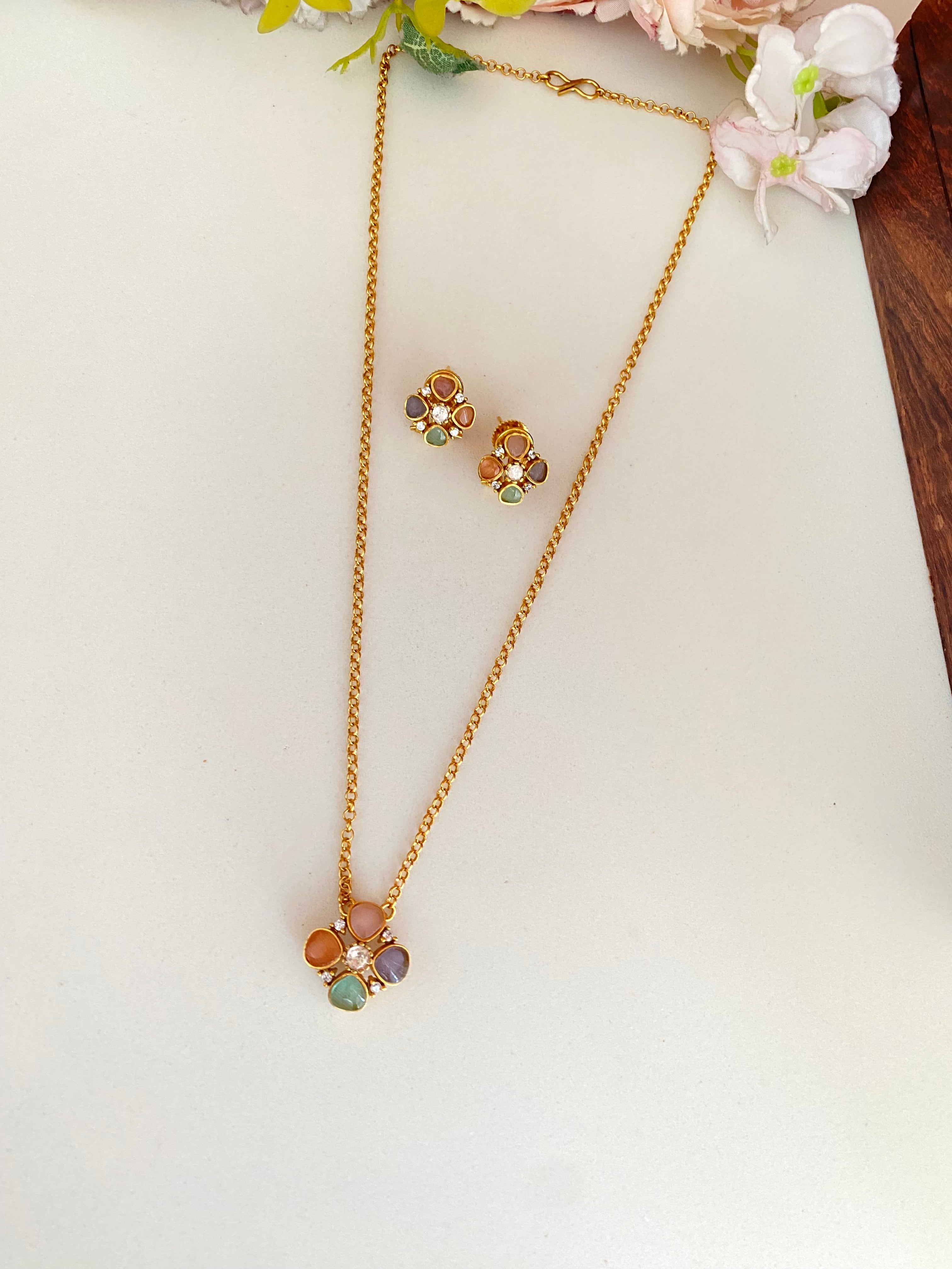 Gold plated Moissanite Multicolour Pendant Set