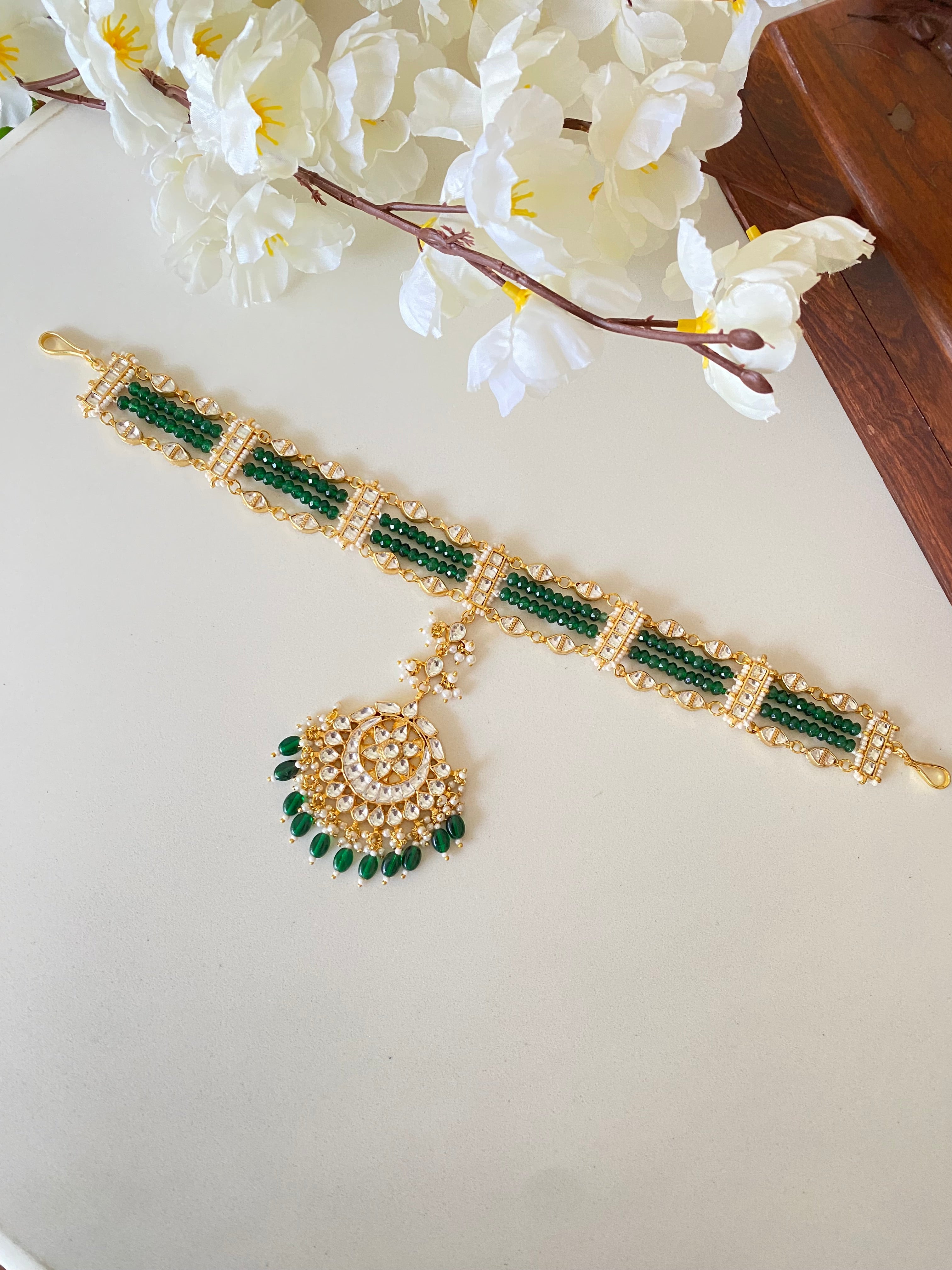 Gold Plated Kundan green sheeshpatti with tikka