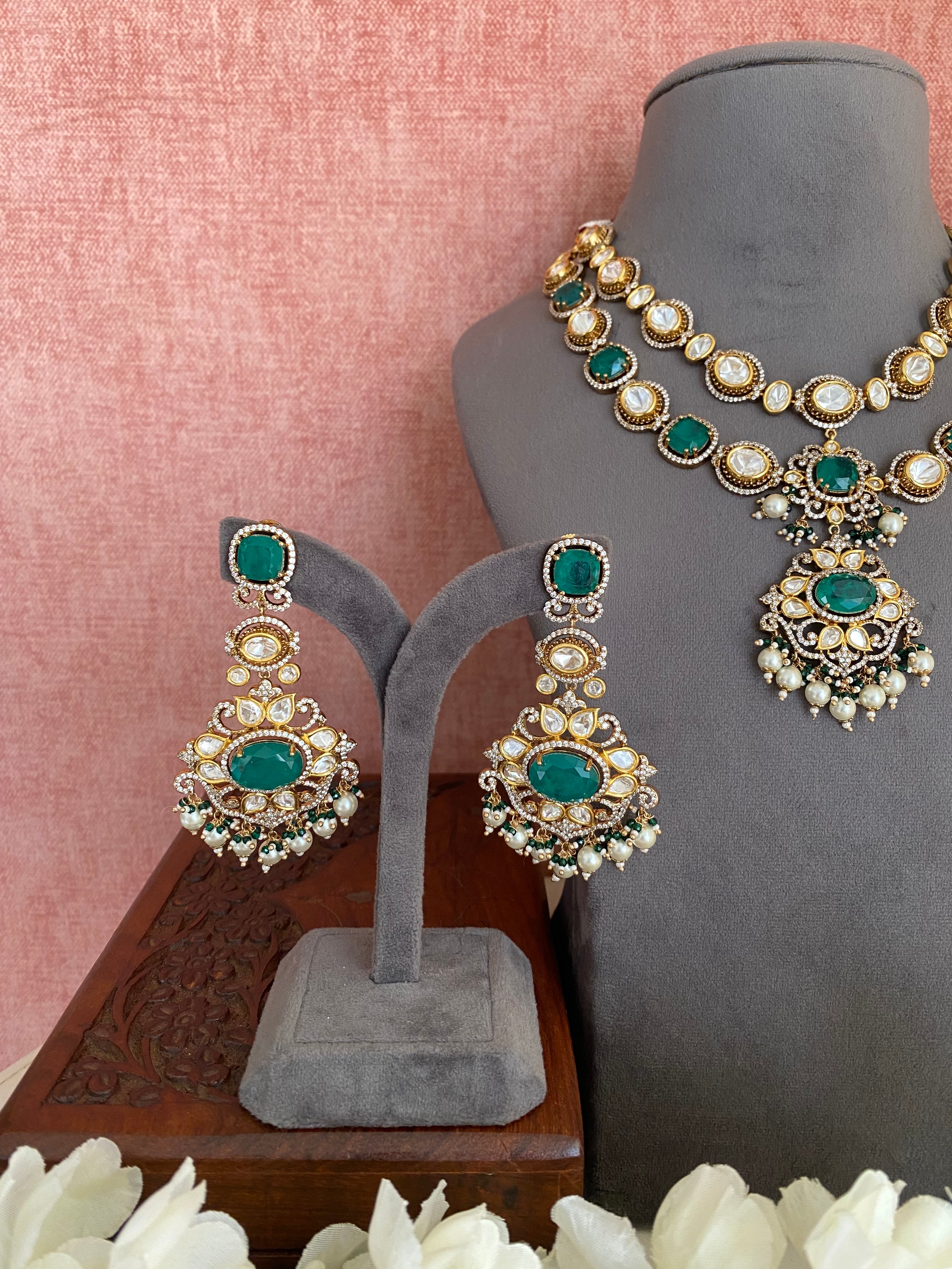 Gold Plated Double Line Green Necklace Set