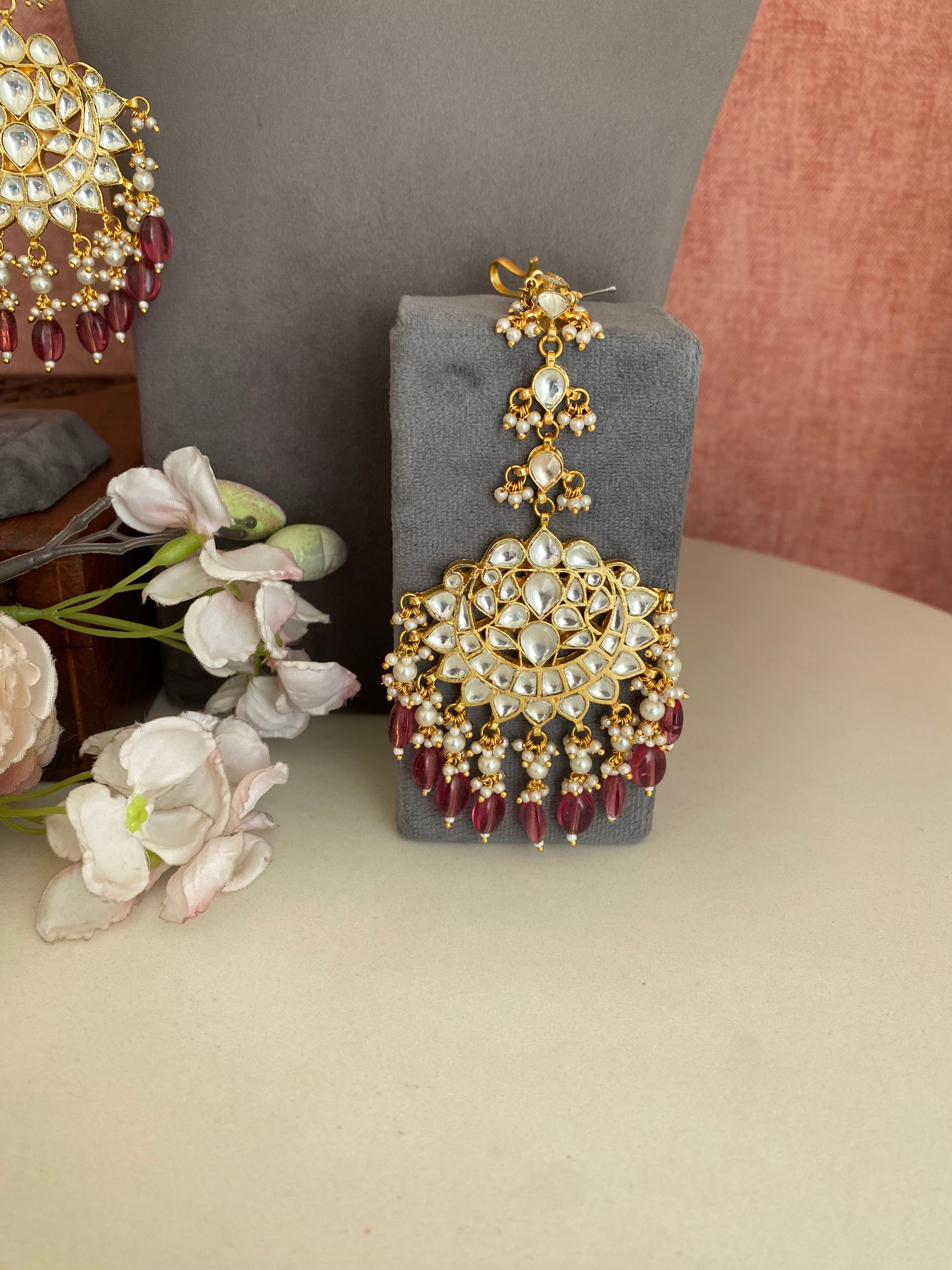 Kundan Bridal Necklace Set in pink drops