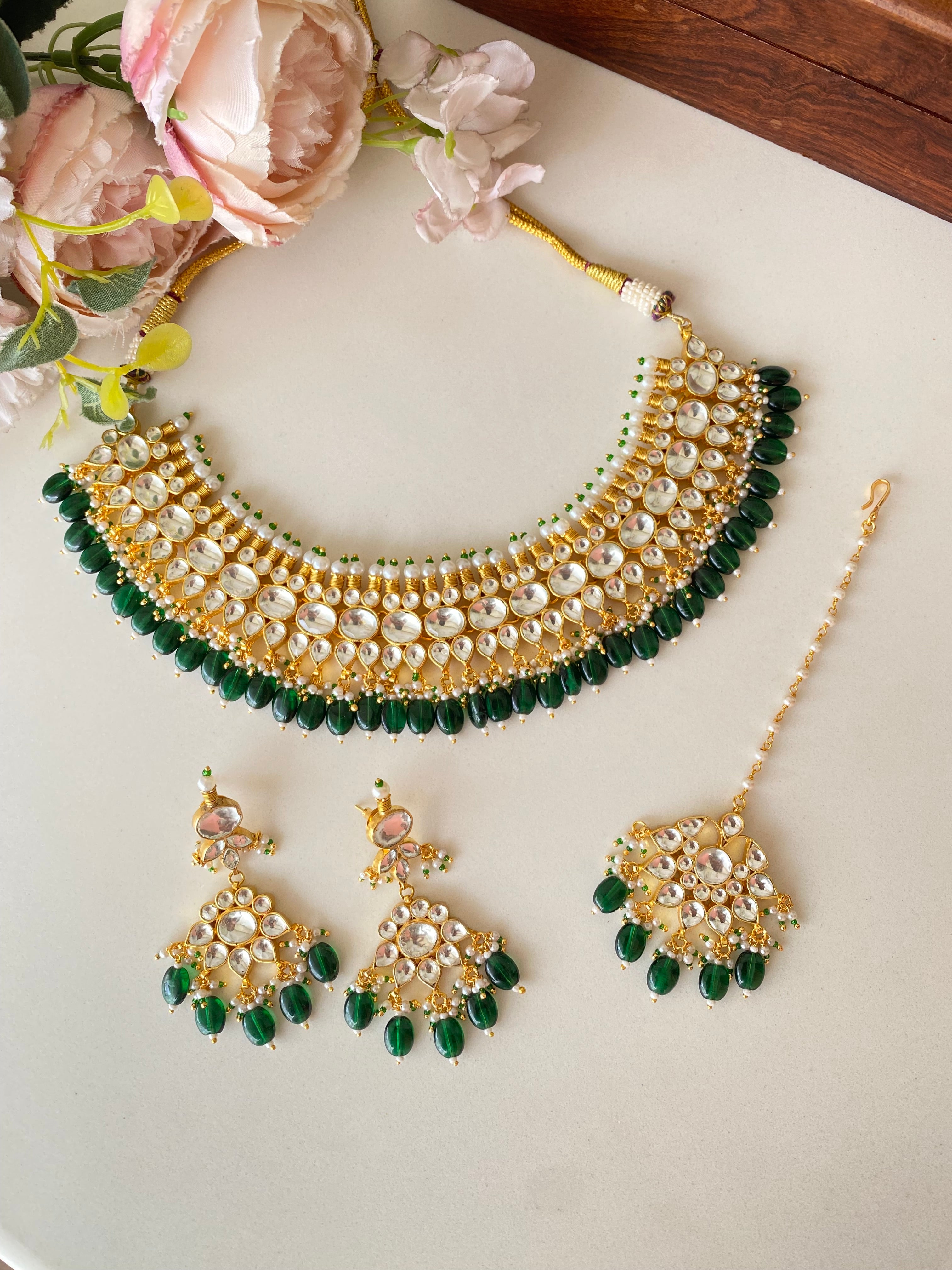 Kundan Bridal necklace set with Green Drops