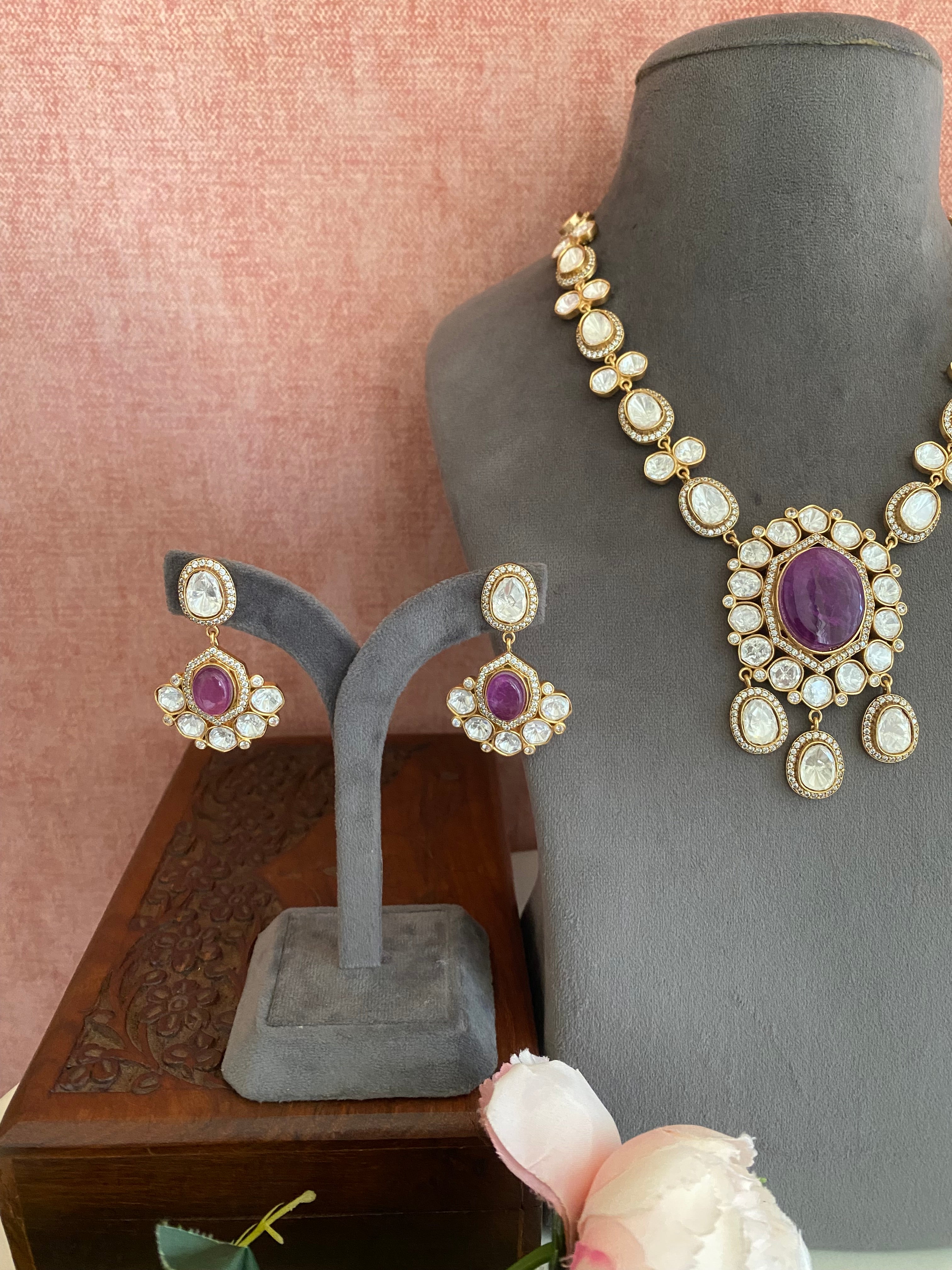 Purple stone long necklace set