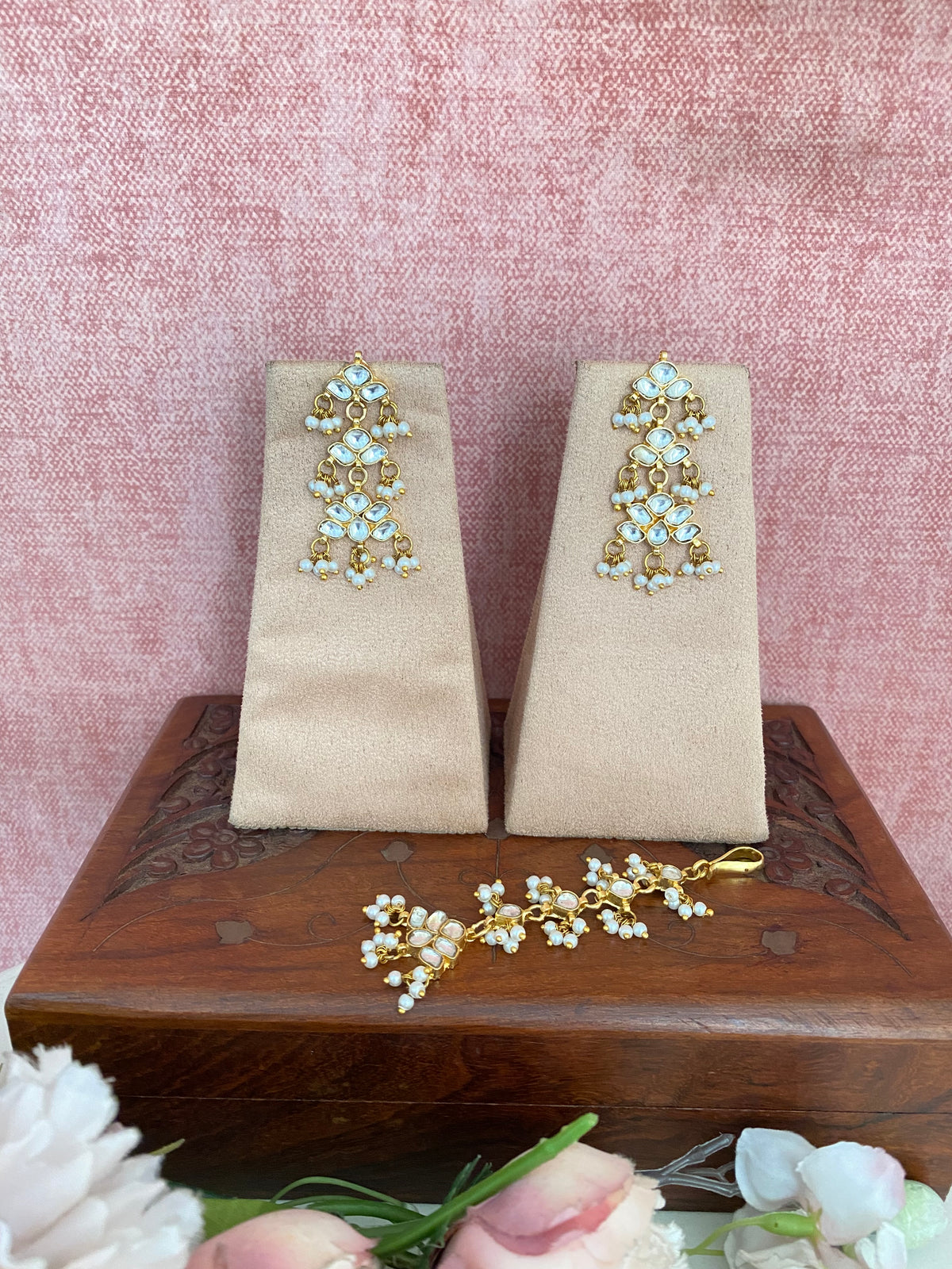 Gold Plated Kundan earrings With Tikka set
